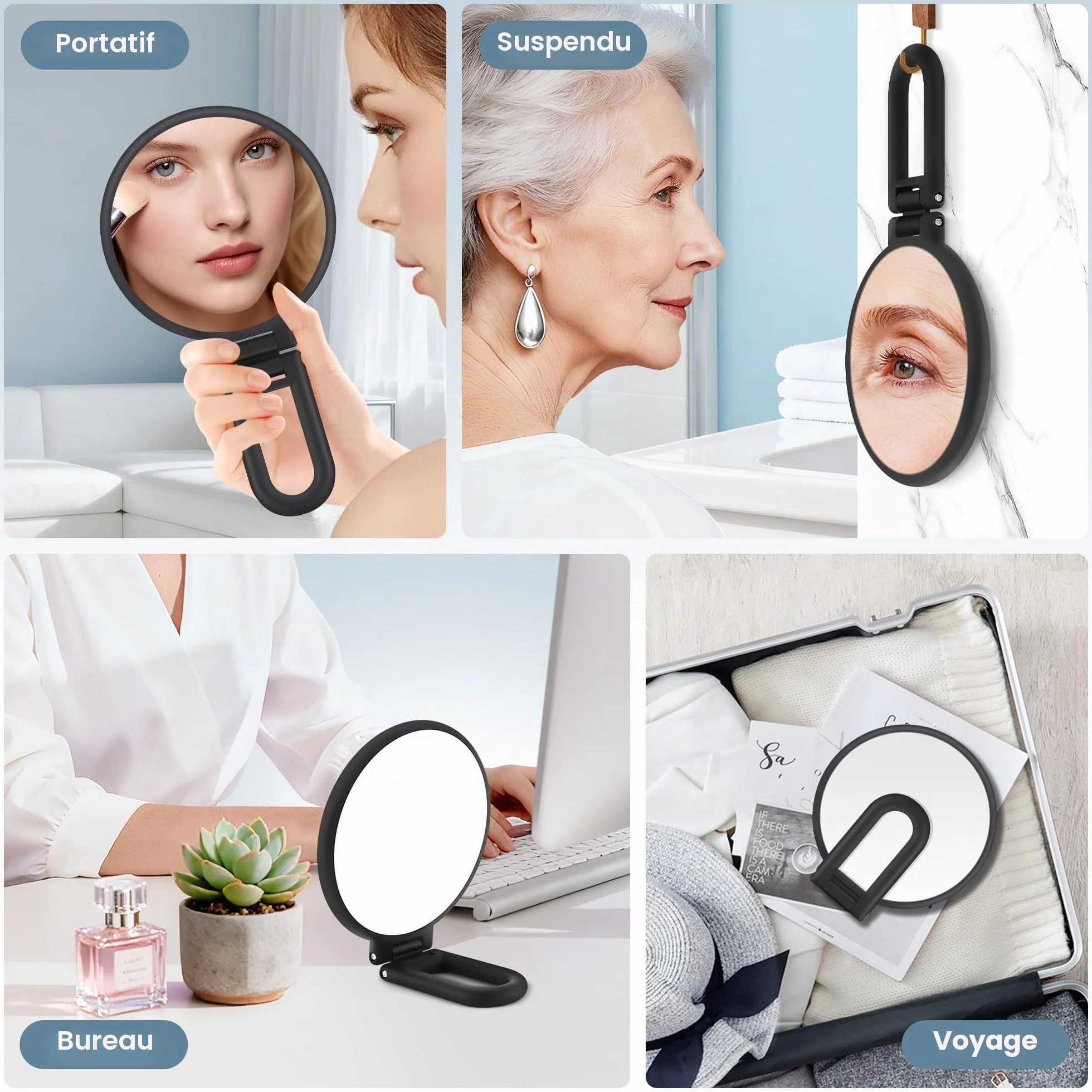 MIYADIVA Miroir Grossissant 40X Double Face Pliable Portable pour Maquillage, Noir Mat