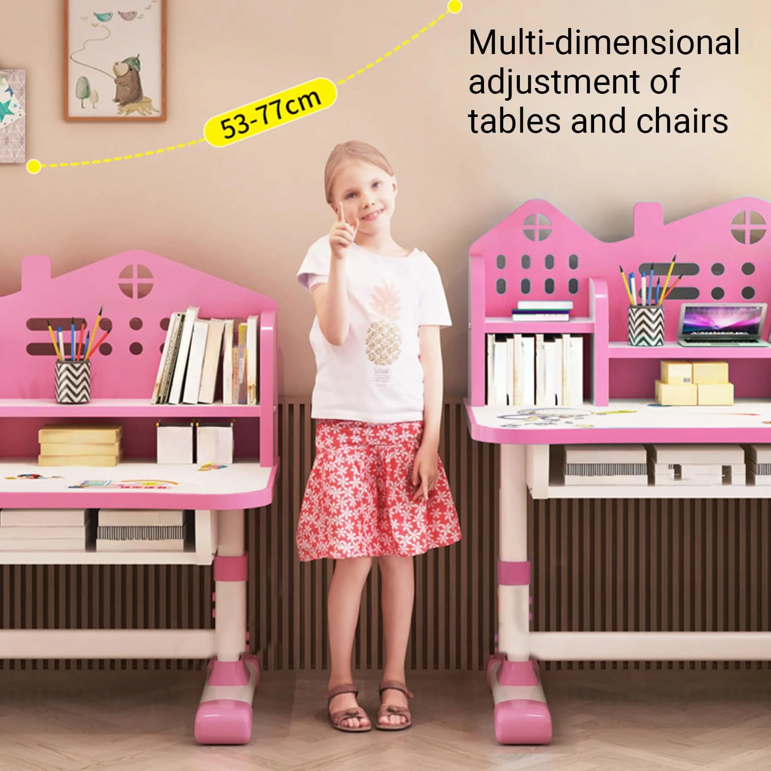Ensemble bureau et chaise pour enfants, bureau d'étude pour enfants à hauteur réglable avec étagère et grands tiroirs, bureau princesse préscolaire pour garçons et filles de 3 ans et plus (bleu)