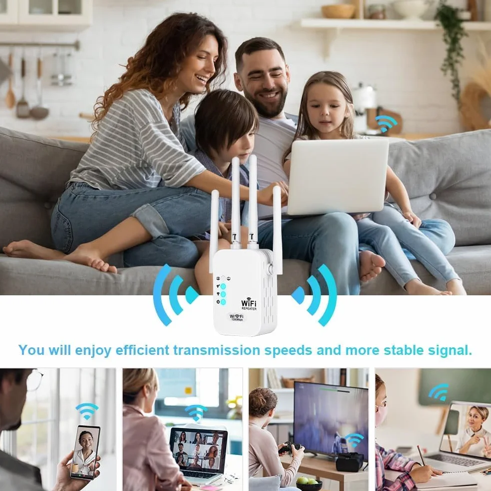Répéteur WiFi 1200Mbps Amplificateur WiFi 4 Antennes 2.4GHz 5GHz Port Ethernet Gigabit Compatible Toutes Box Internet Couvre 1200m²