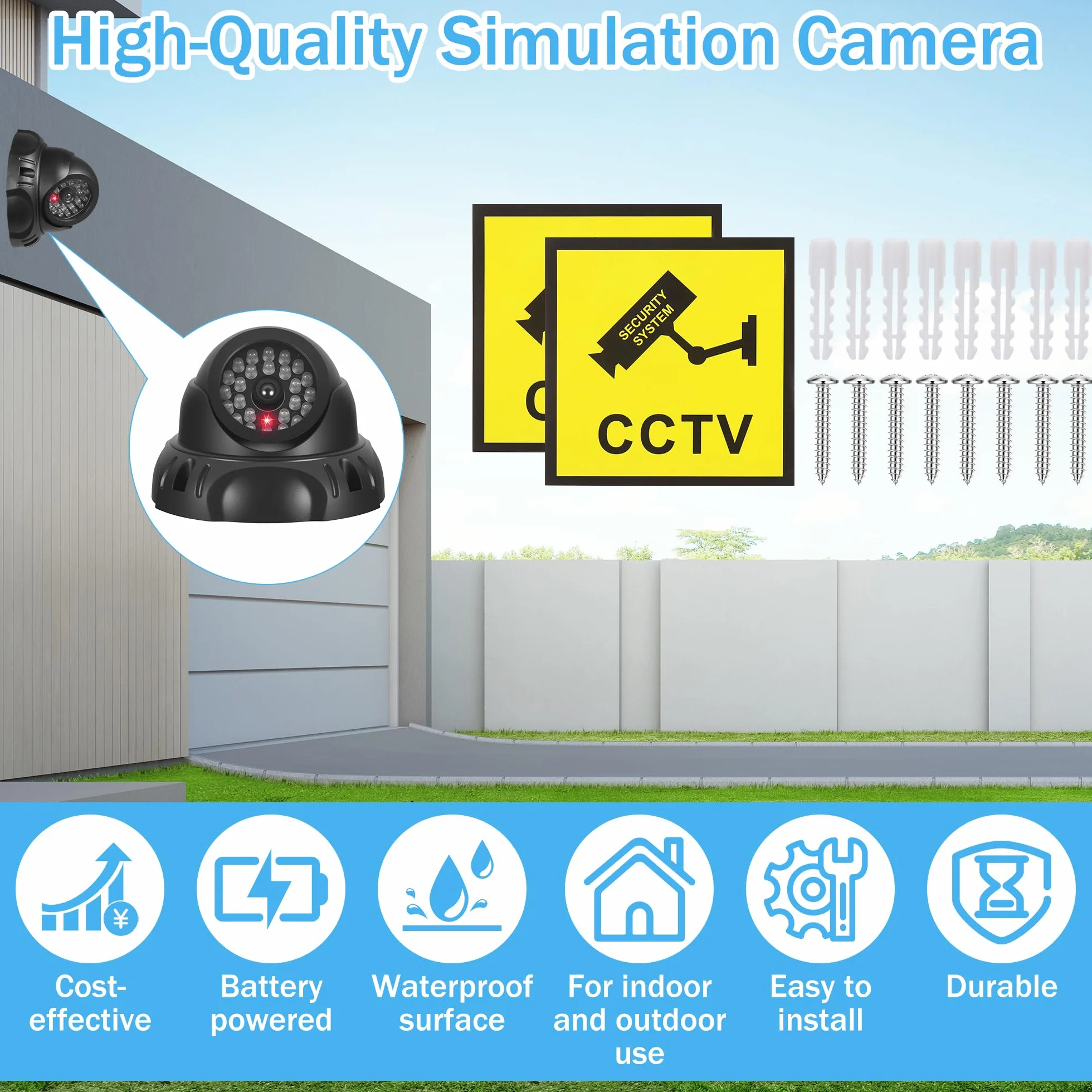 JIZZU 2 sztuki atrapy kamery, atrapa CCTV, obrotowa, atrapa kamery zewnętrznej, z migającą czerwoną diodą LED, fałszywa kamera, do montażu na ścianie lub suficie, do użytku wewnątrz i na zewnątrz