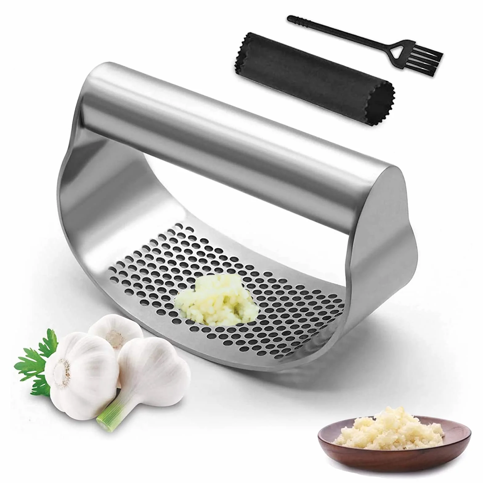 Presse-ail Coupe-ail Acier inoxydable 430 Gingembre Éplucheur Brosse de nettoyage