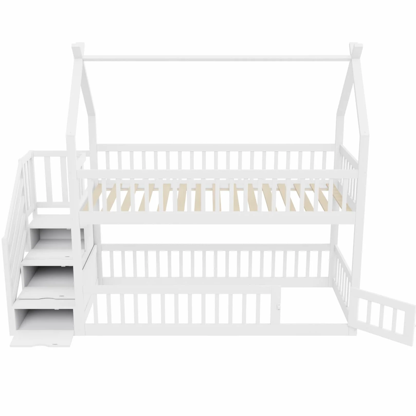 Lit Superposé Enfant 90x200 avec Échelle de Rangement,Porte,Haute Barrière de lit,Lit Cabane Enfant avec Sommier à Lattes Solide,pour Enfants Adolescents(B-Blanc, 90x200)