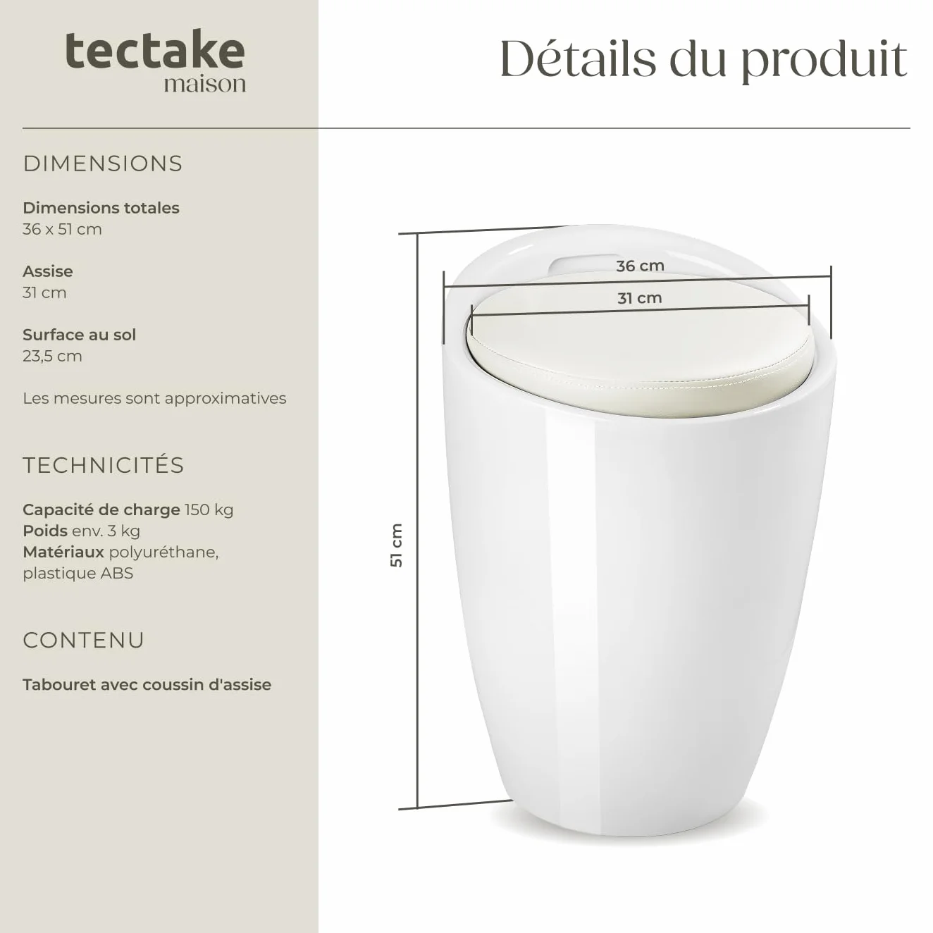 tectake® Tabouret Salle de Bain Panier à Linge 2en1, Ø 36 x 51 cm, Capacité 18 L, Coussin d'assise 5 cm Amovible, Meuble Salle de Bain Coffre Rangement Tabouret Coffre Rangement Bac a Linge, Blanc