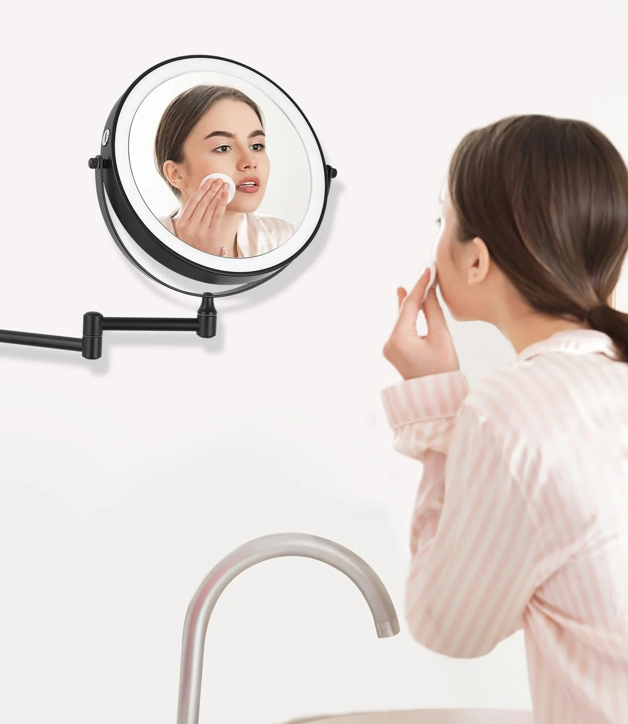 Jutyum Miroir cosmétique mural avec grossissement 1X/10X - Éclairage LED - Miroir de maquillage mural avec éclairage variable - 3 couleurs - Noir