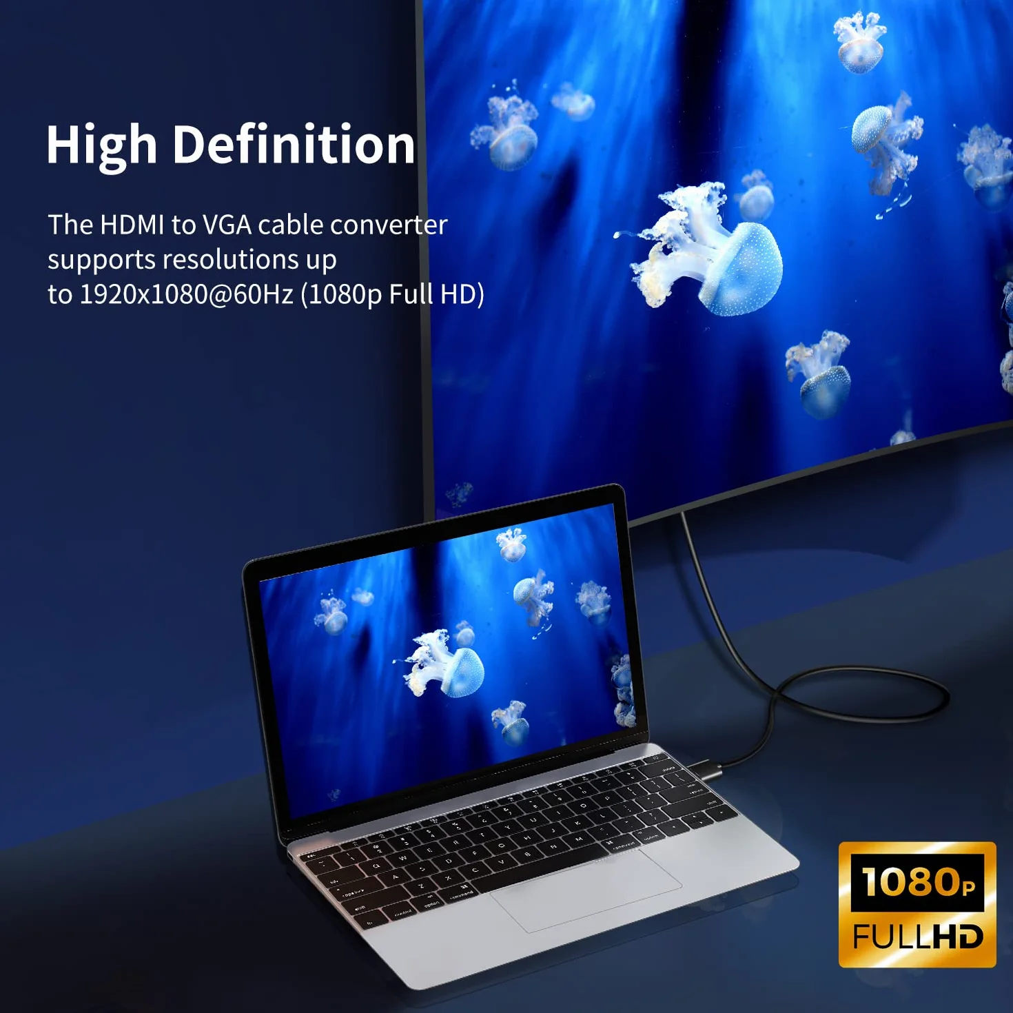 Câble adaptateur HDMI vers VGA plaqué or 1080p 1 m pour ordinateur projecteur HDTV