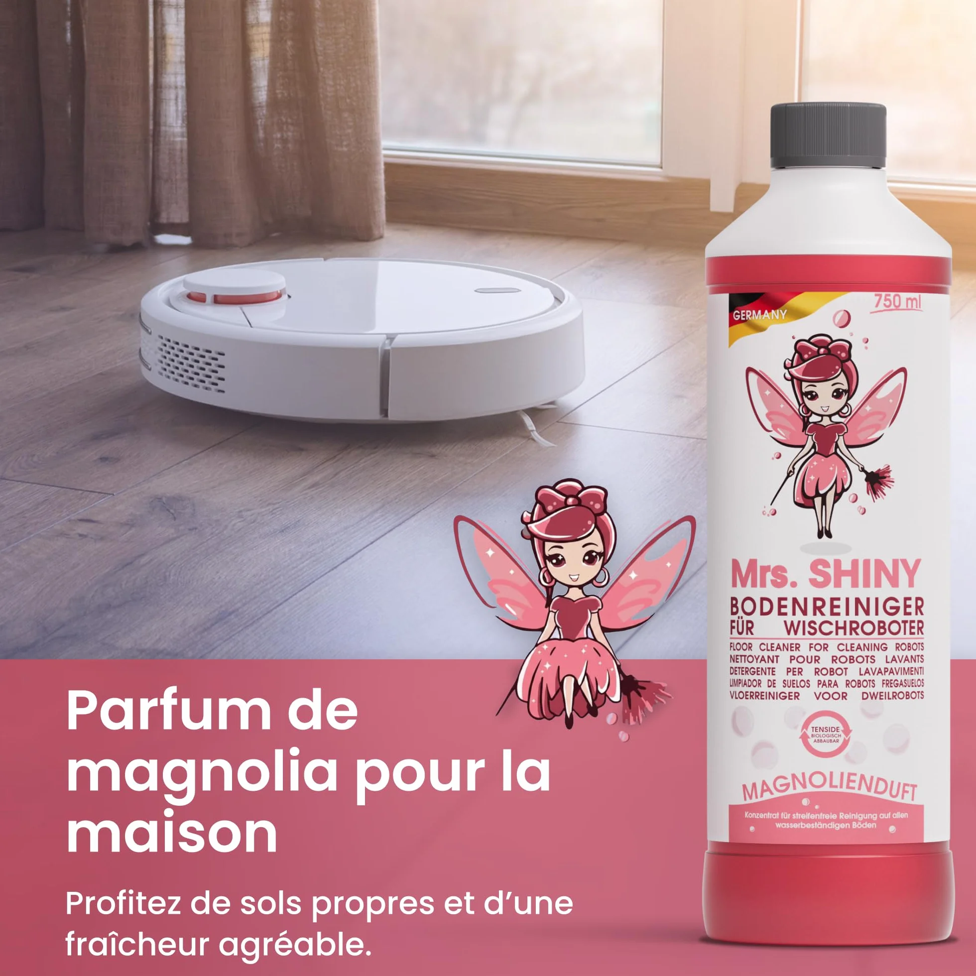 Mrs. SHINY Détergent aspirateur laveur parfum magnolia nettoyant sol robot 750 ml