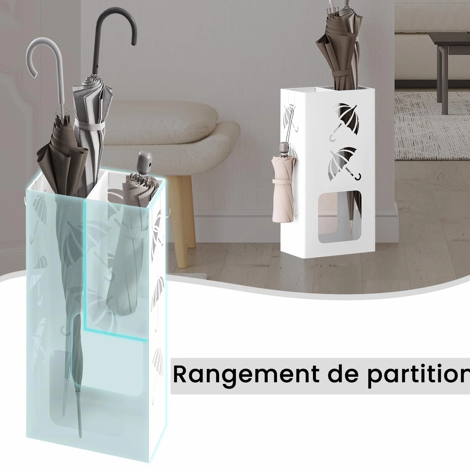 WOLTU Porte-Parapluie Rectangulaire 25×15×49 cm 4 Crochets Métal Laqué Blanc