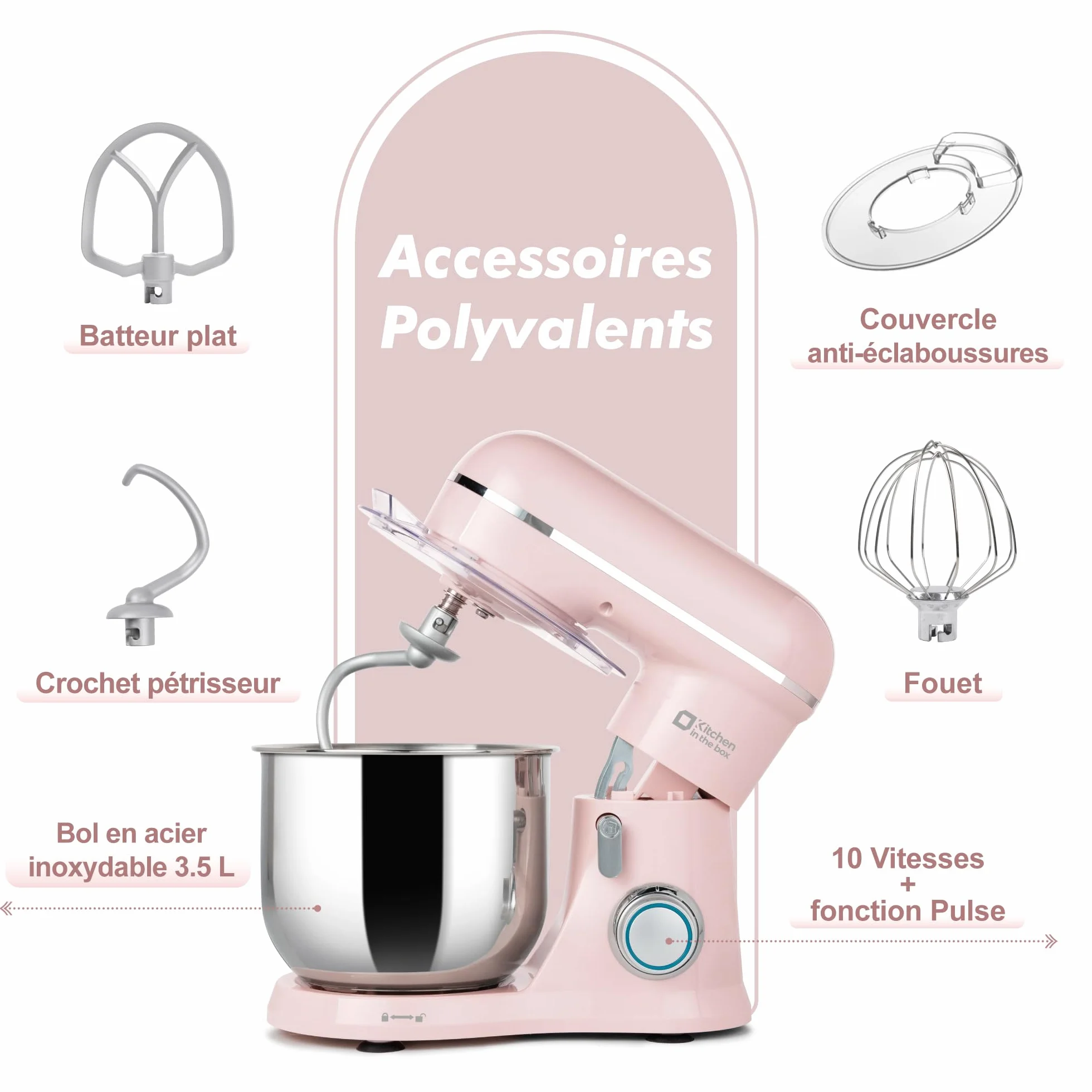 Robot Pâtissier 3.5L Compact, Kitchen in the box 10 Vitesses + Pulse, Léger 2,9 kg, Bol Inox, 3 Accessoires, Mini Robot Cuisine Multifonction, Idéal Pâtisserie Maison et Débutant (Rose Claire)