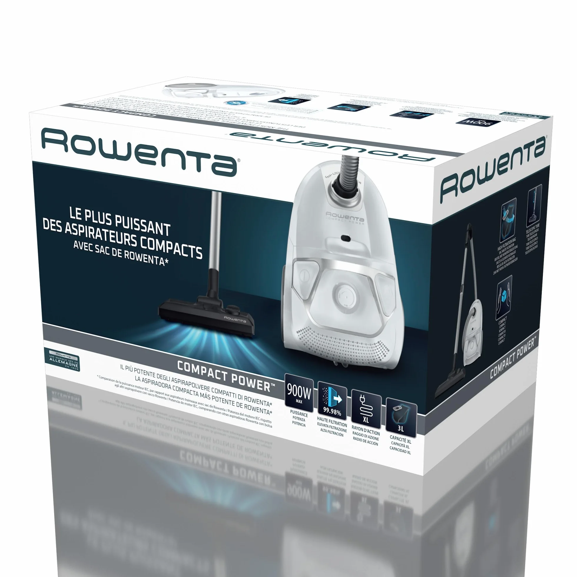 Rowenta Compact Power XXL Animal Aspirateur sans sac, Moteur basse consommation 900W max, Haute filtration, Bac à poussière 2,5L, Compact, RO4B50EA, Cigarillo