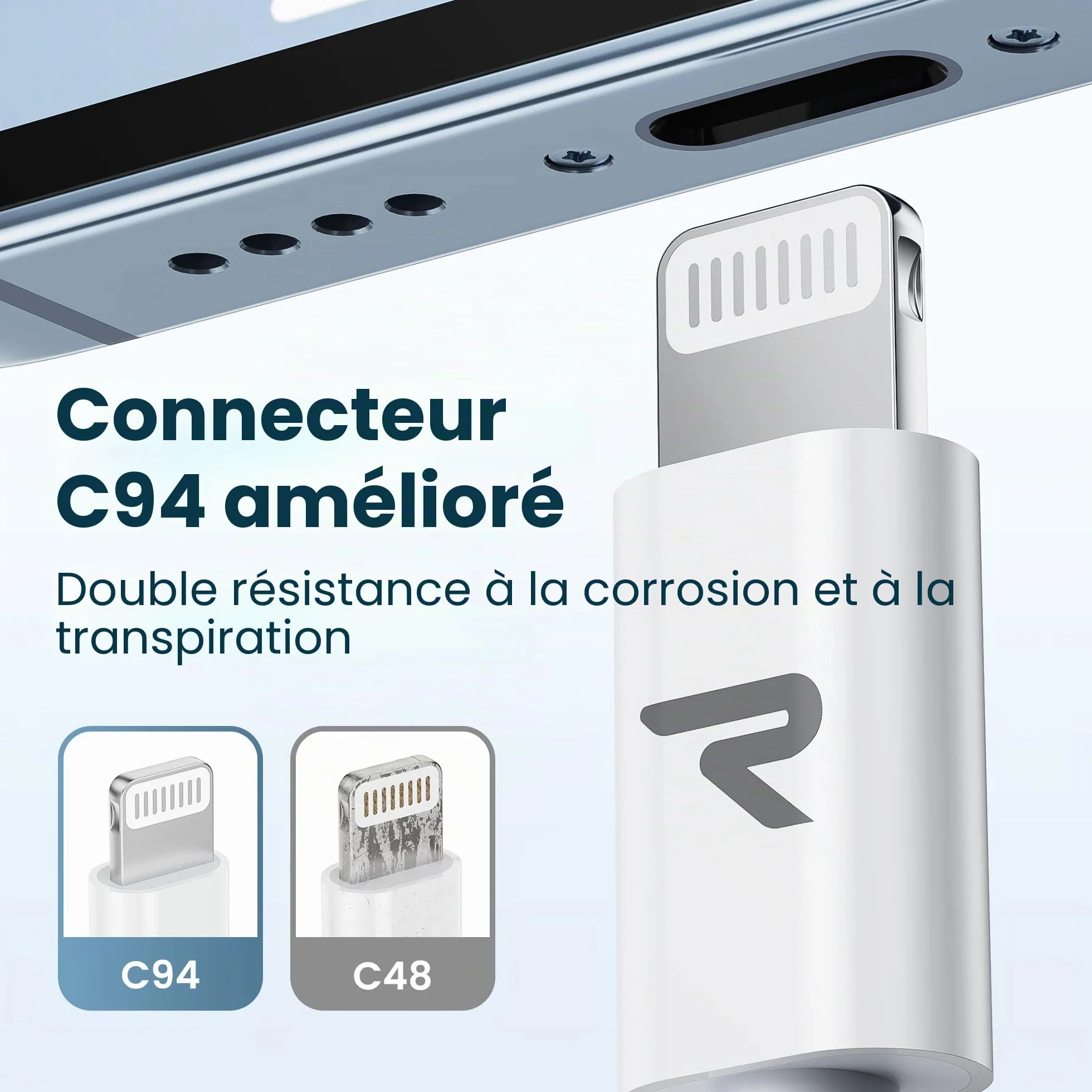 RAMPOW Câble iPhone 1M MFi Certifié C94 USB C vers Lightning Charge Rapide Power Delivery 3.0 Blanc