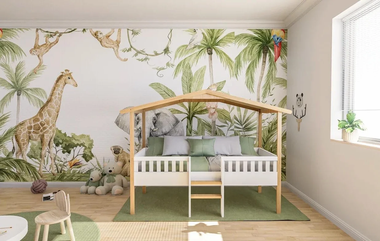 KONTARBOOR Lit Cabane Enfant, sur PILOTI 90 x 190 cm en Bois Naturel et Blanc + sommier. (sans Matelas)