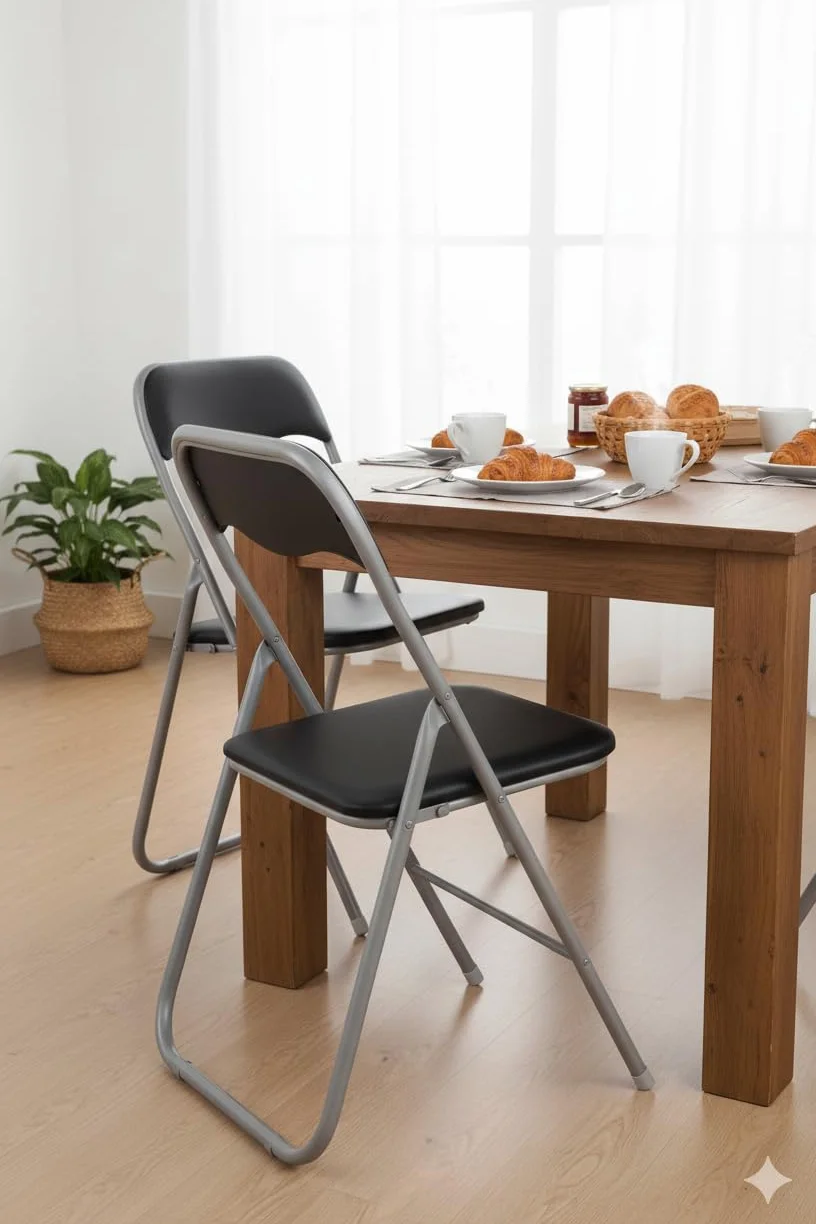 HAEST - Lot de 2 Chaises Pliantes, Chaise Pliante Rembourrée avec Cadre en Métal & Similicuir, Gain de Place, Charge Max. 100 kg, Idéale pour Cuisine & Jardin, Argent-Noir