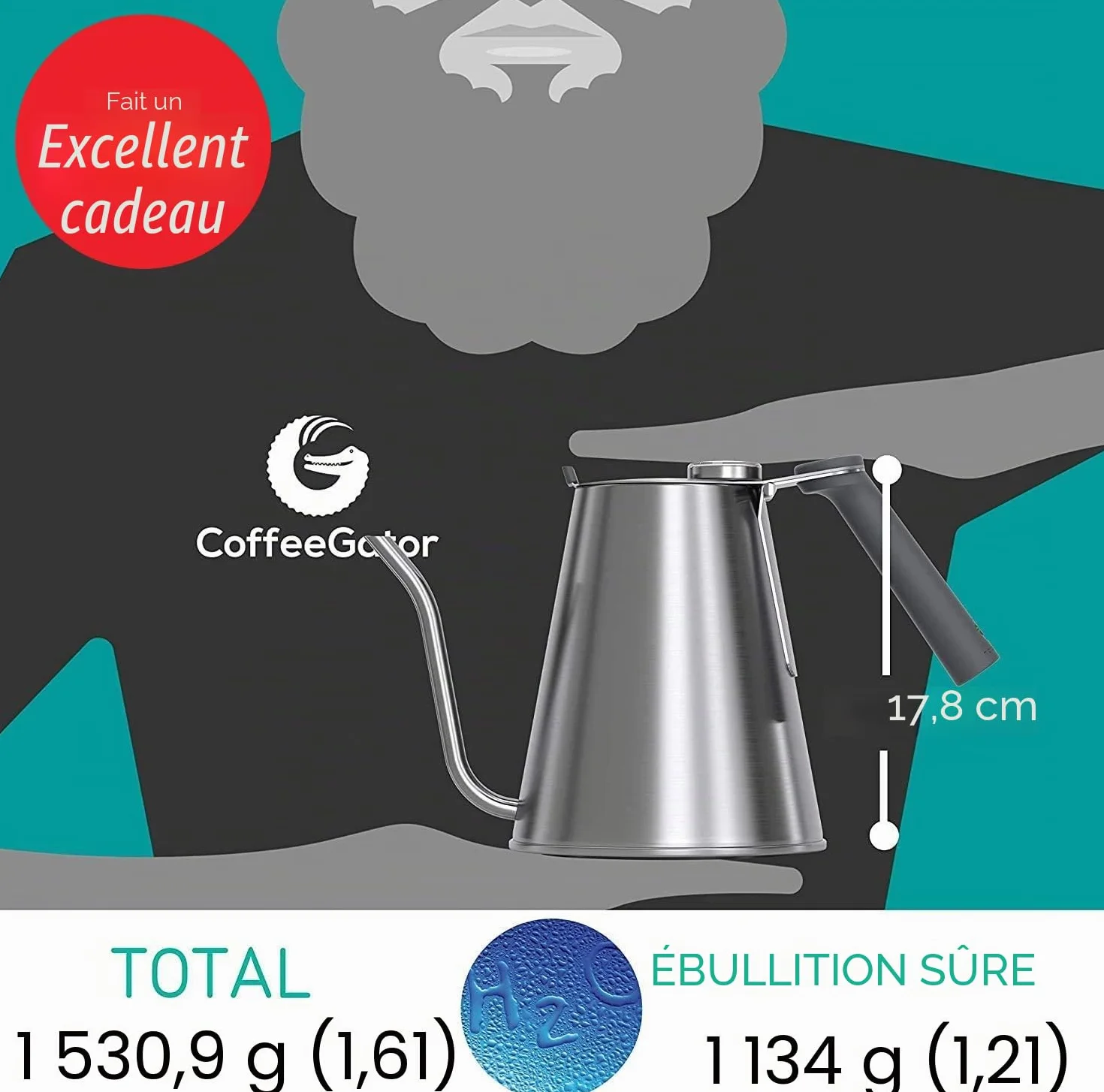 Bouilloire True Brew de Coffee Gator - Bouilloire professionnelle avec bec verseur de précision à col de cygne, thermomètre intégré et couvercle de remplissage rapide - Pour tous les plaques – 1,6l