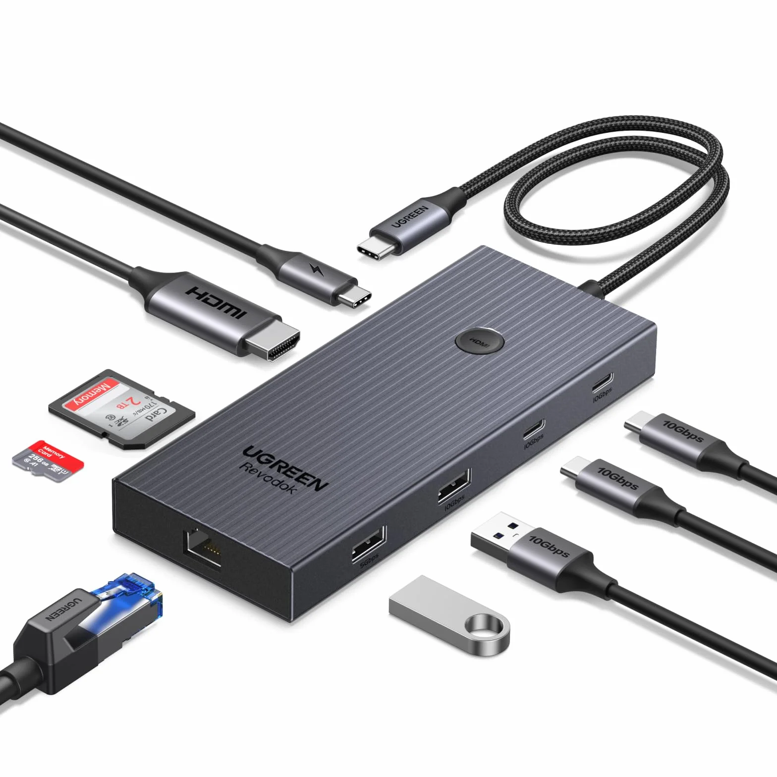 UGREEN Revodok Pro 1091 koncentrator USB C, 10 Gbps, adapter USB C z 4K HDMI, Gigabit Ethernet, USB 3.2 10 Gb/s, czytnik kart SD/TF, PD 100 W, kompatybilny z MacBook, Surface, iPad Pro itd.