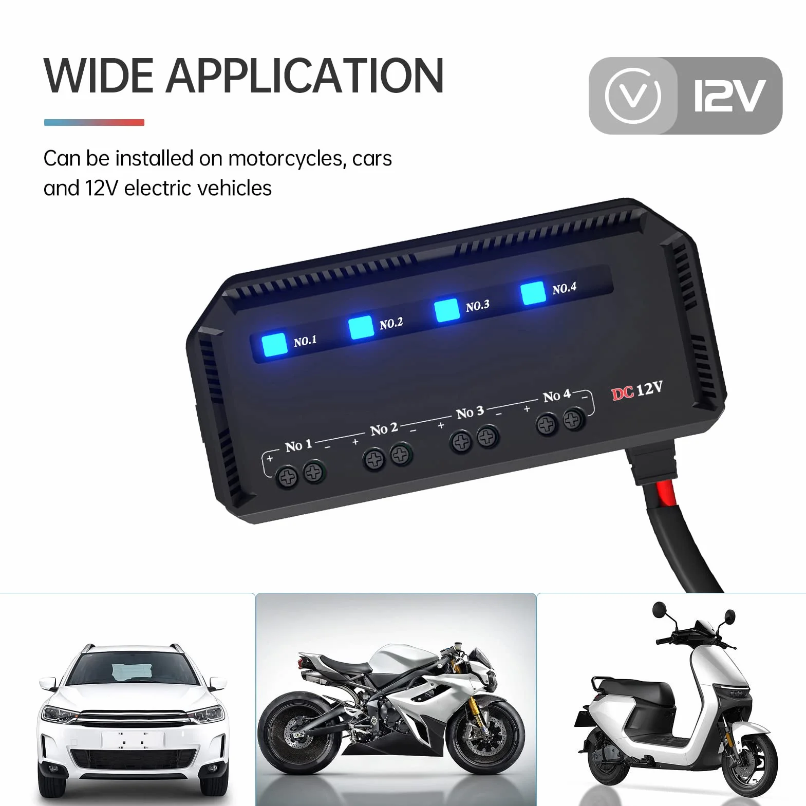 Blok bezpieczników motocyklowych, uniwersalny zestaw przekaźników bezpieczników 12V 20A 4-drożny ze wskaźnikiem ostrzegawczym LED, akcesoria motocyklowe źródło zasilania