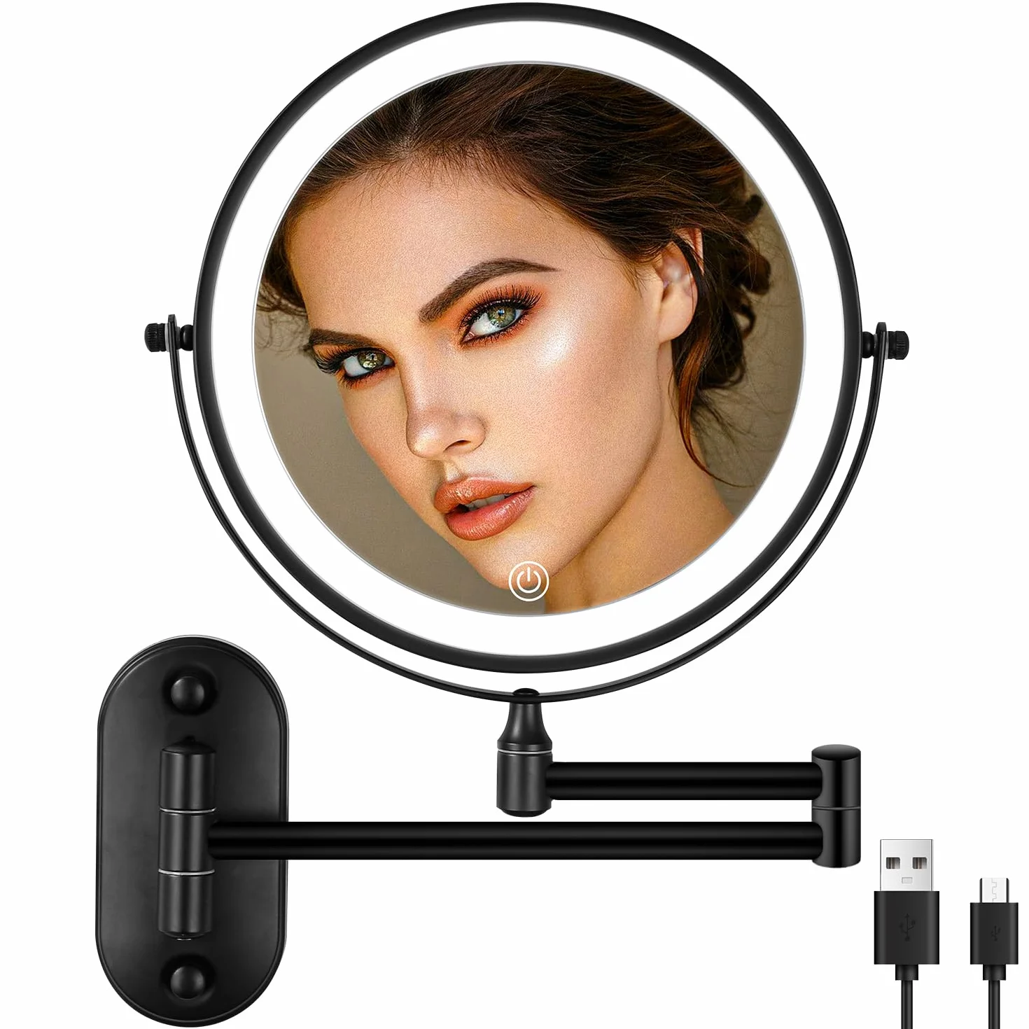 Jutyum Miroir cosmétique mural avec grossissement 1X/10X - Éclairage LED - Miroir de maquillage mural avec éclairage variable - 3 couleurs - Noir