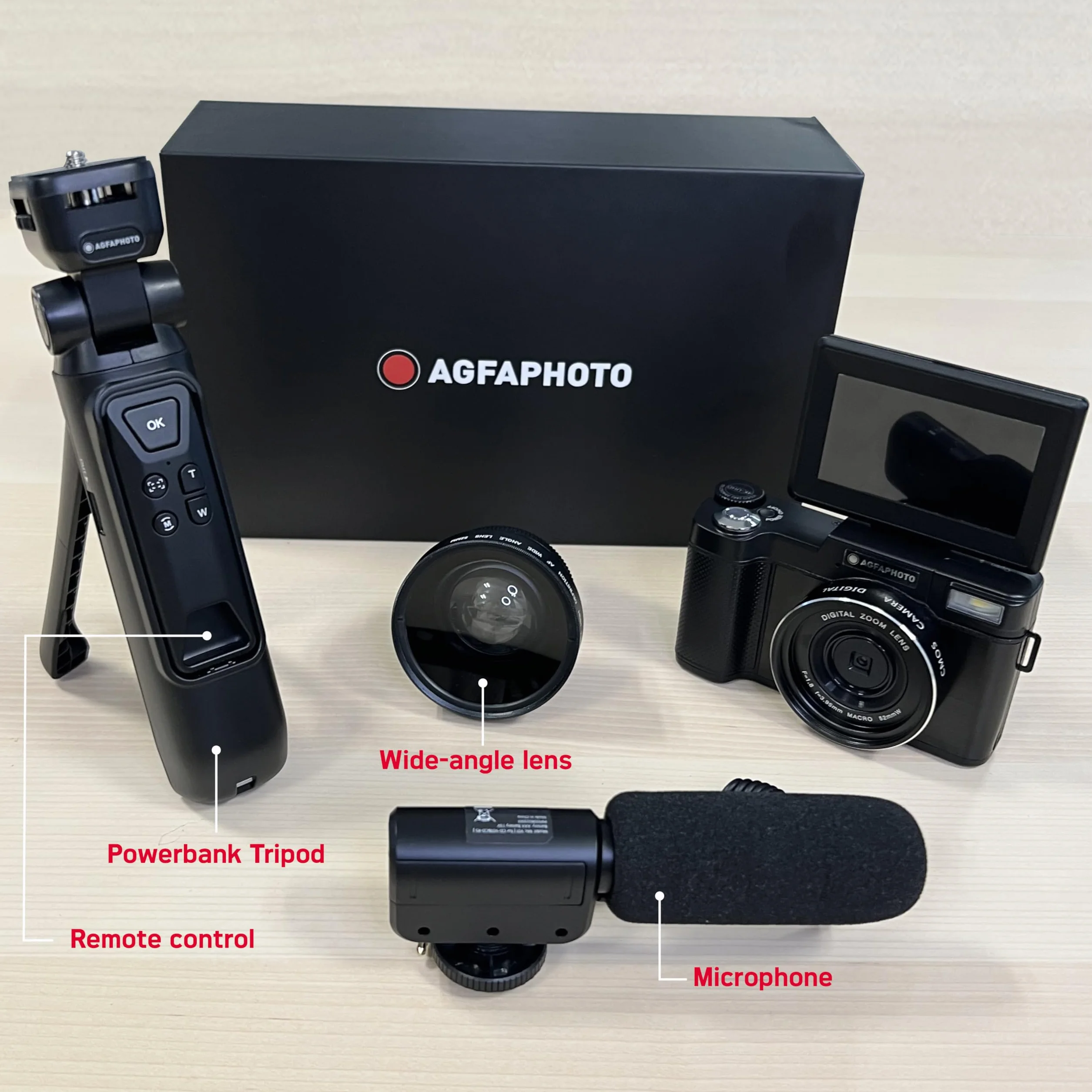 AgfaPhoto Realishot VLG-4K Zestaw Vlogging - kamera 24 MP, wideo 4K, 3-calowy ekran LCD, 16-krotny zoom cyfrowy, czujnik CMOS, bateria litowa - czarny