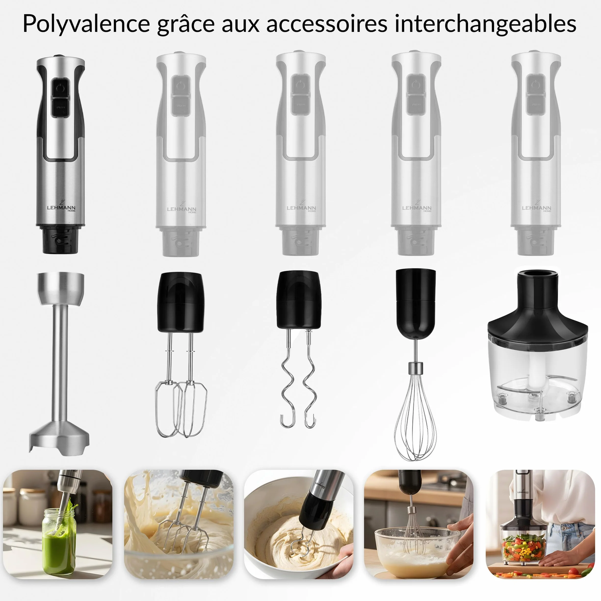 LEHMANN Chowmei 5-en-1 Mixeur Plongeant 1200 W, Réglage de vitesse à 8 niveaux, Fonction Turbo, Mixeur Multifonction avec 6 accessoires - Batteur, Fouet, Hachoir 600 ml, Verre Doseur 860 ml