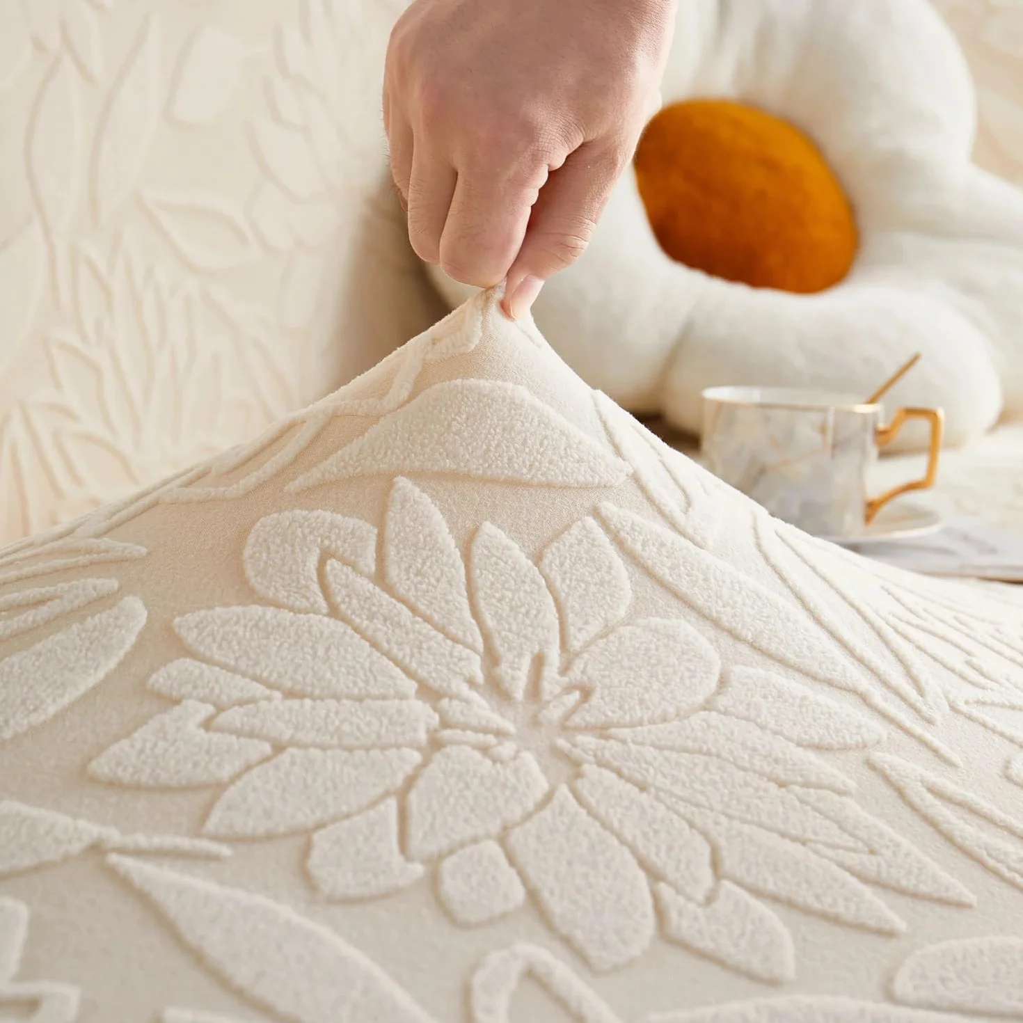 RKK Housse De Canapé Élastique Camellia Jacquard Antidérapante 2 Places 145-185cm Beige