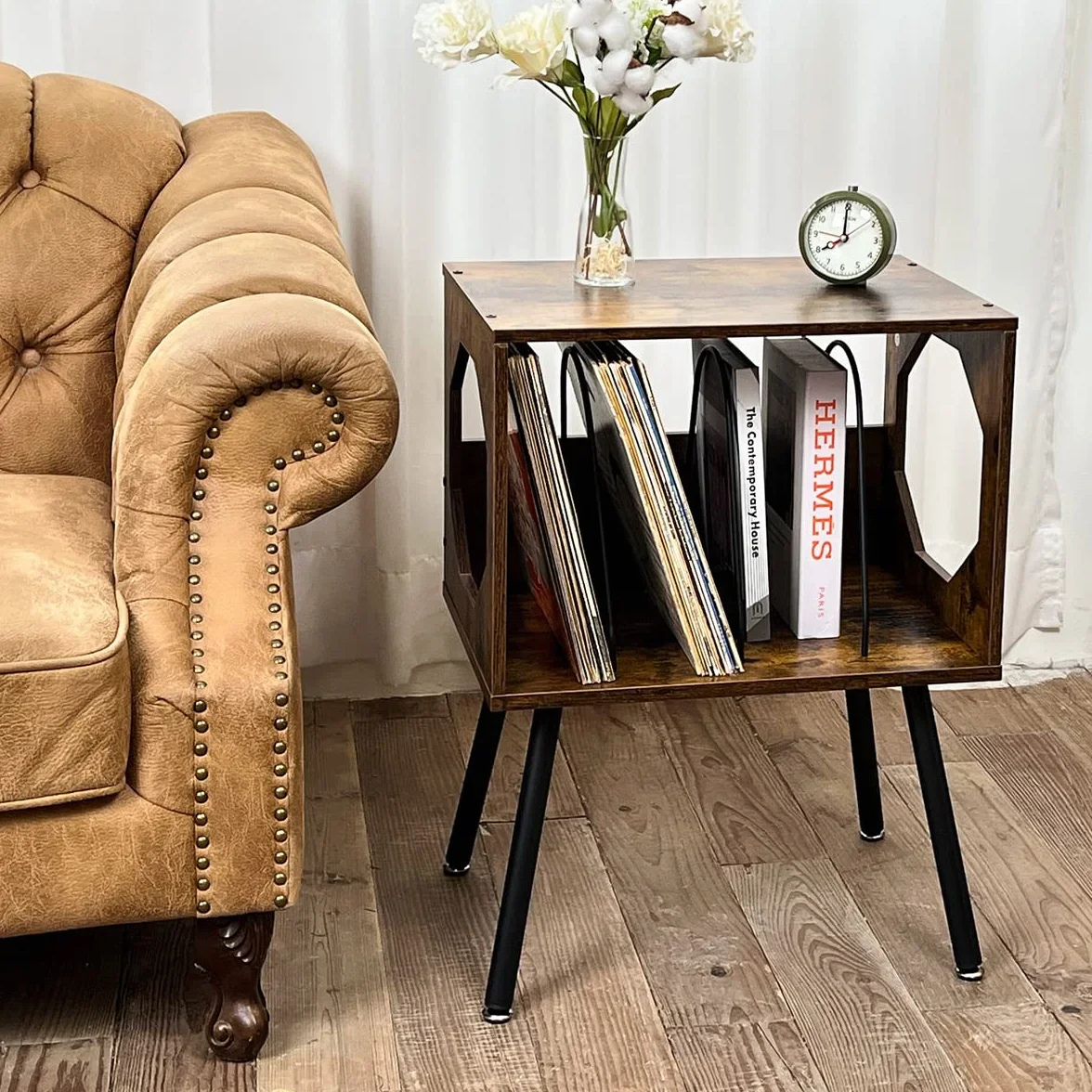 ikkle Support Rustique pour Platine Vinyle avec Pieds en Métal, Pouvant Contenir 150 Disques, Table de Rangement pour Disques Vinyles pour Chambre ou Salon (Marron)