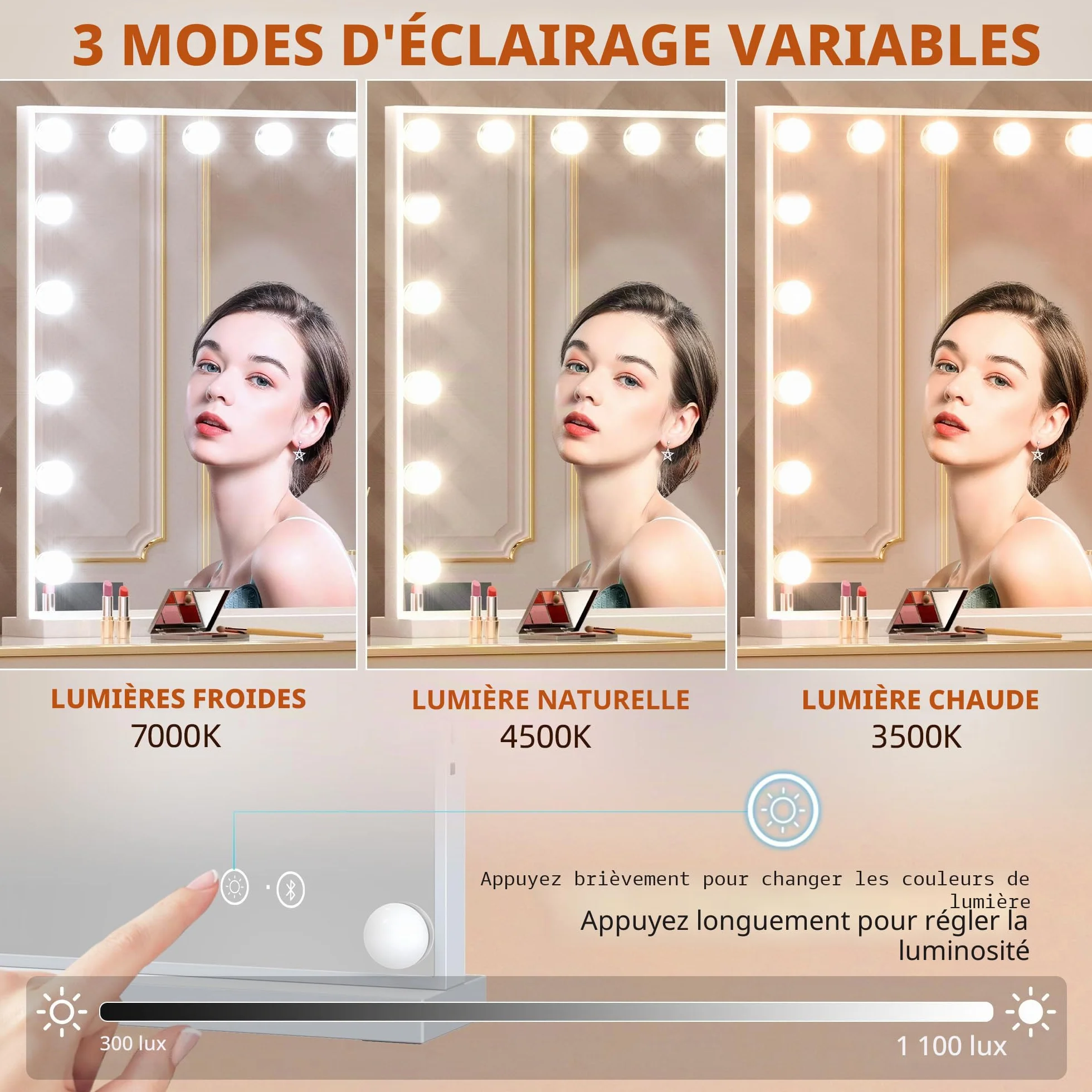 FENCHILIN Miroir Hollywood Bluetooth avec éclairage 18 Ampoules LED dimmable Grand Miroir de Maquillage avec éclairage Hollywood Miroir de Maquillage avec lumière Miroir grossissant 10x et USB