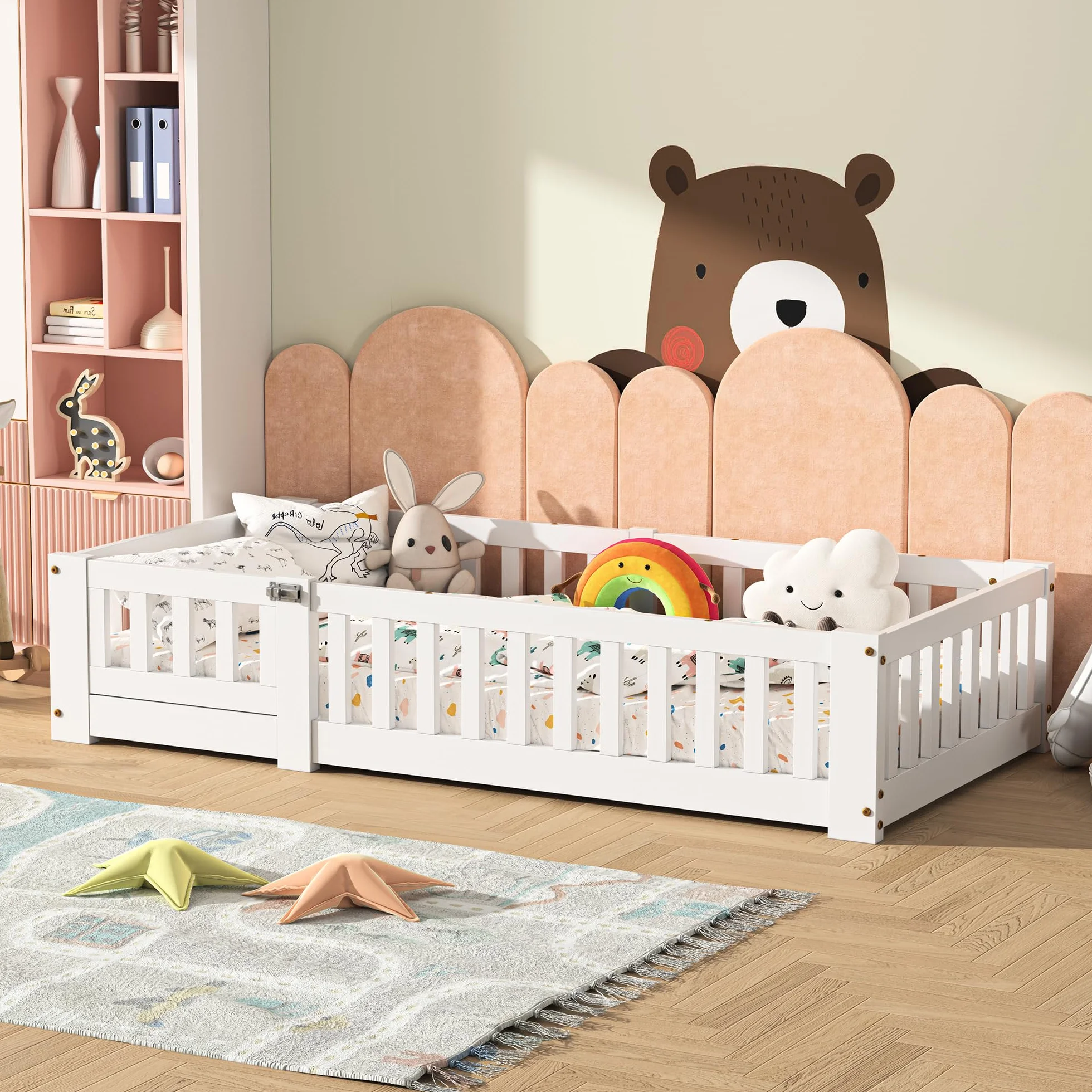 Lit Enfant Montessori au Sol 90x190 cm, Cadre de Lit en Bois de Pin Blanc avec Barrières de Sécurité, Sommier à Lattes pour Garçons et Filles (Matelas Non Inclus)