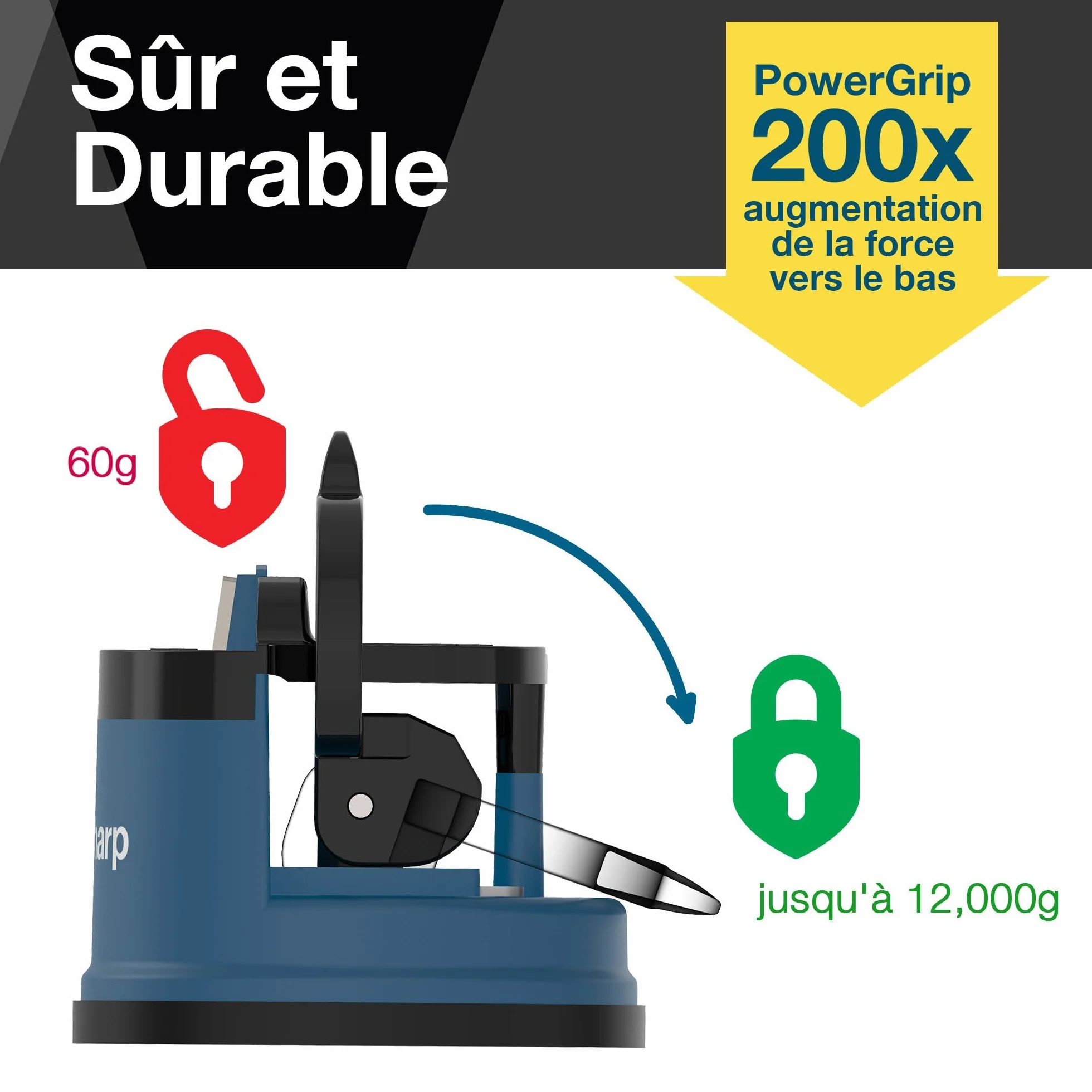 AnySharp Aiguiseur de Couteaux, Sécurité Mains Libres, Ventouse PowerGrip, Bleu