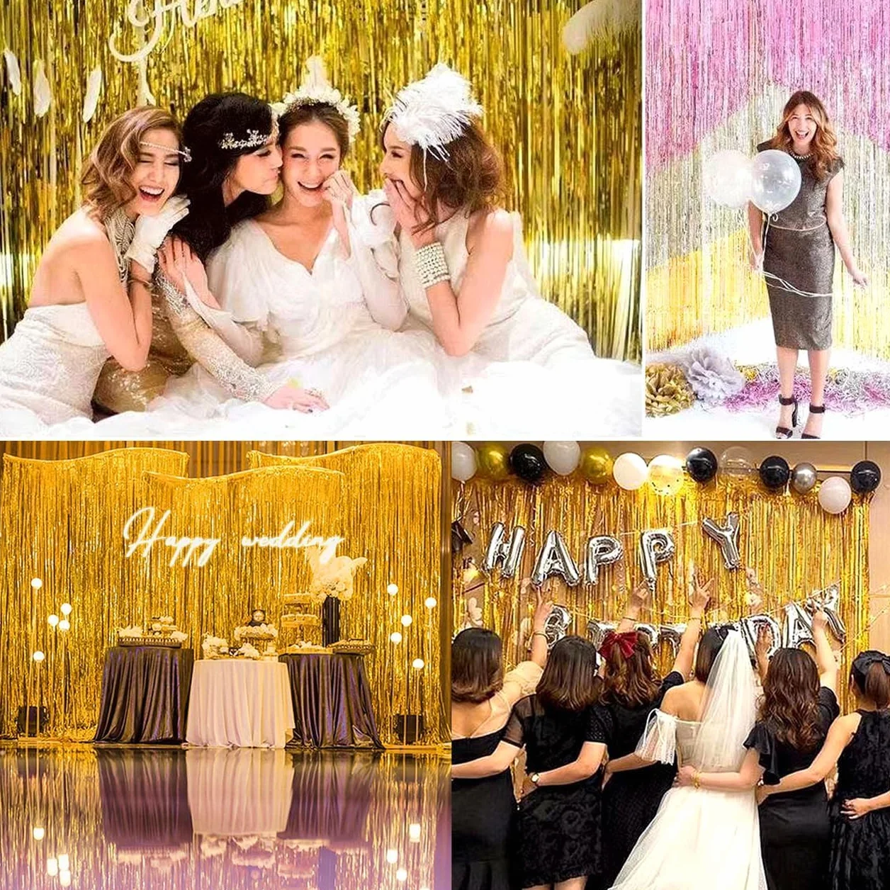 Rideaux à franges en feuille d'aluminium doré 1 x 2,5 m Lot de 4 pour anniversaire mariage Noël