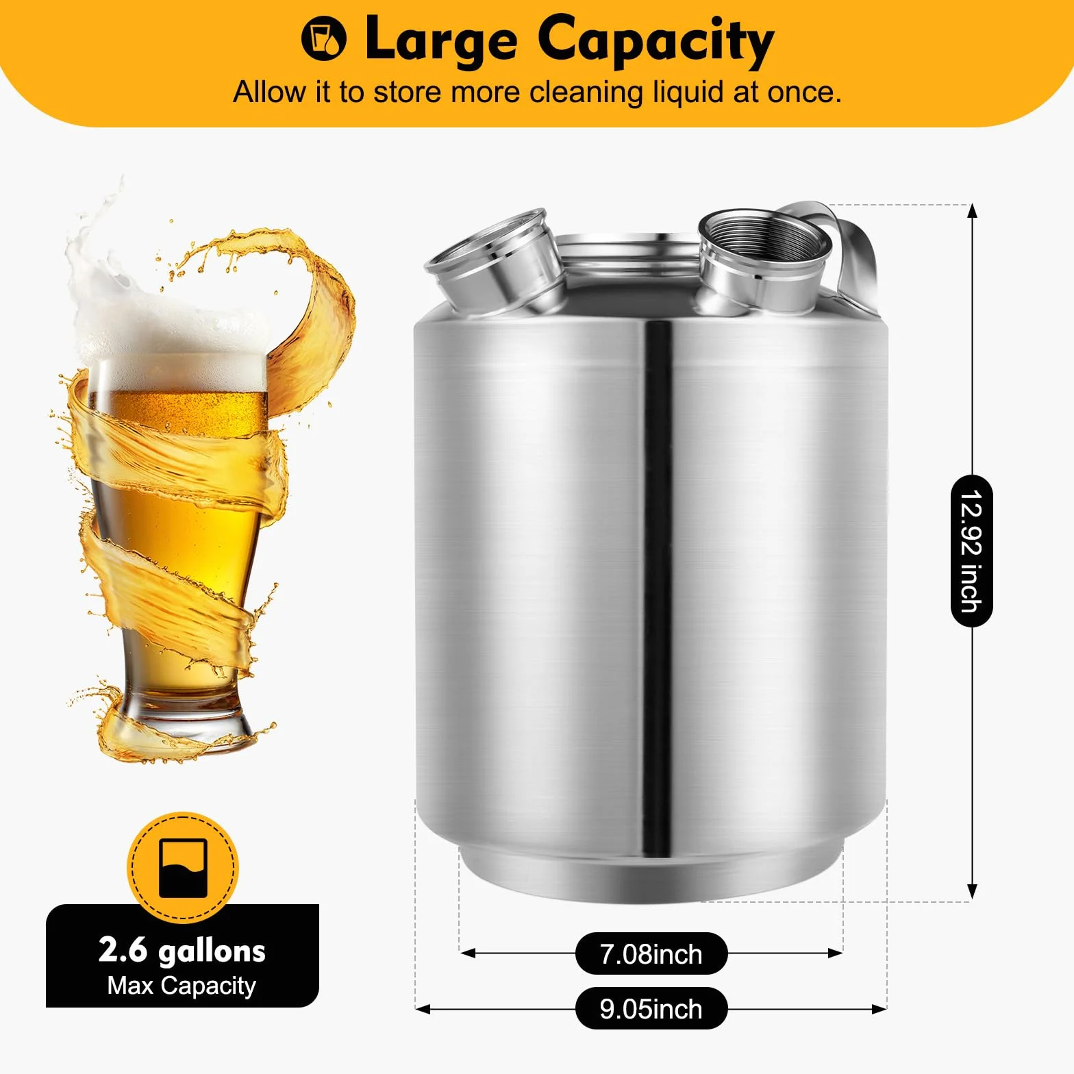 Fût de nettoyage de bière de 10 l, en acier inoxydable, récipient de nettoyage à 3 têtes avec couvercle, récipient de nettoyage de bière