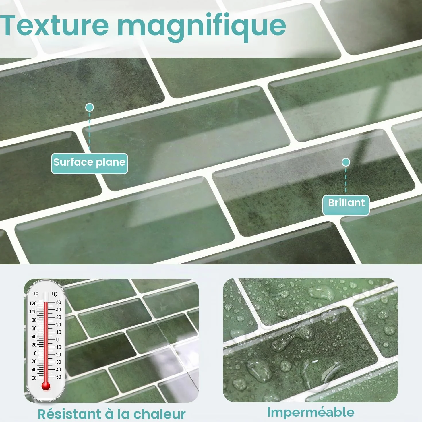 Commomy Stickers Adhésive Carrelage Autocollant Mural, 30 x 15 cm, Vert Marbre, 12 Pièces pour Cuisine Salle de Bain