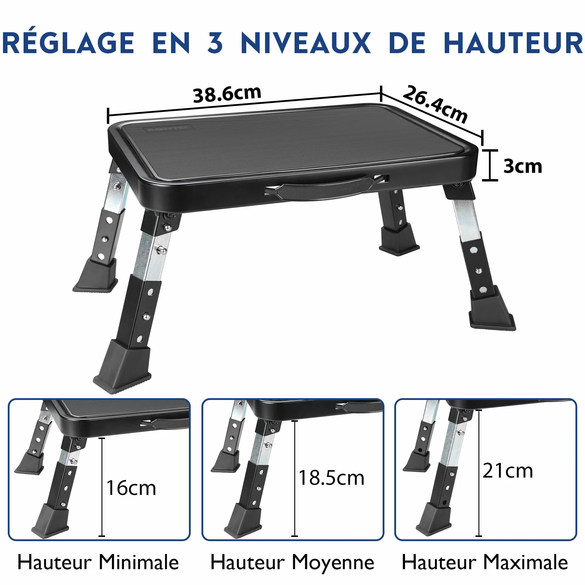 BONTEC Marchepied Pliable à 3 Marches, Capacité 150 kg, Marches Antidérapantes, Pieds en Caoutchouc, Tabouret Pliant Portable, Idéal pour Cuisine, Salle de Bain, Camping Car, Marche Pied Enfant
