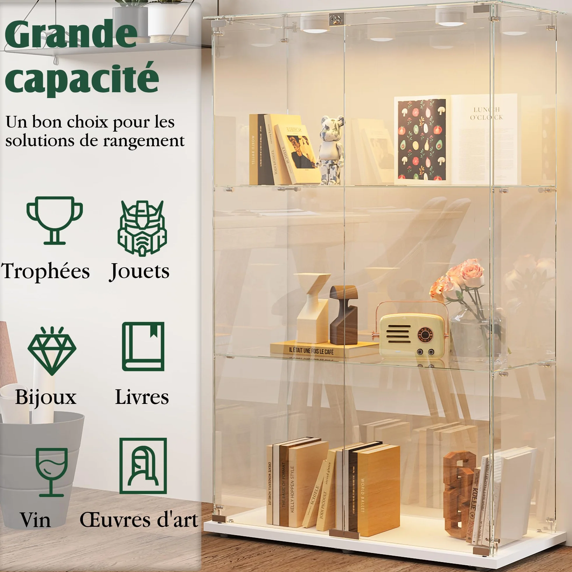 MEXUS Vitrine en Verre avec LED, avec 2 Portes et Serrure de sécurité, Conception à 3 Couches, étanche à la poussière et Facile à Nettoyer, adaptée au Salon, à la Chambre, au Bureau (Blanc)