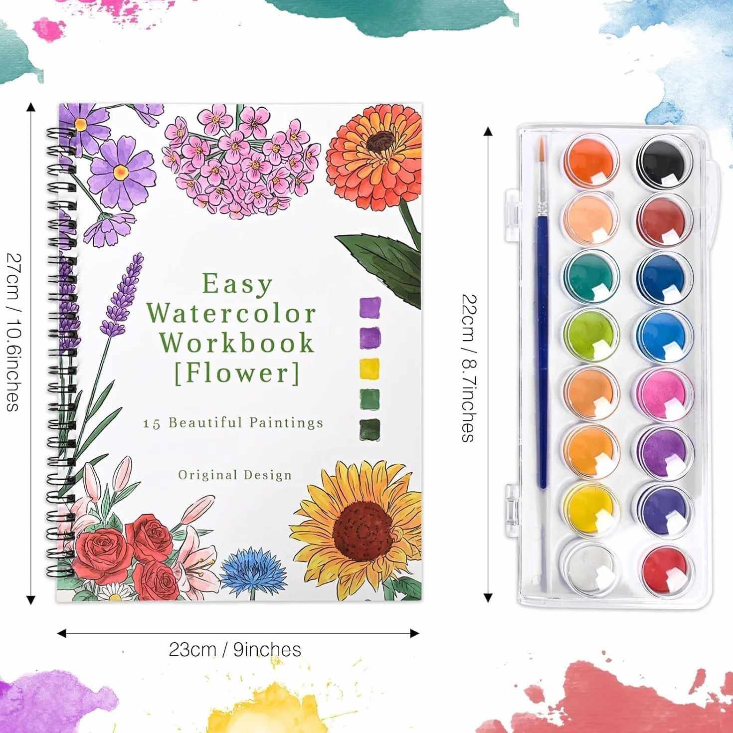 Cahier Aquarelle à Peindre pour Débutant, 16 Couleurs avec Pinceau, Livre Aquarelle Adulte