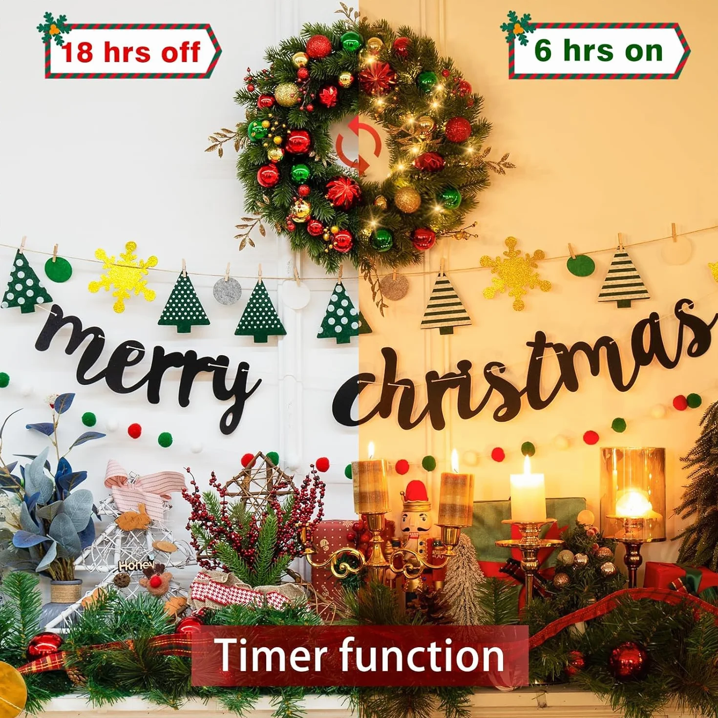 Avoalre 40CM Couronne de Noël LED Piles avec Minuterie 8 Modes Couronne de Noël Lumineuse pour Porte d'entrée Cheminée Mur Festival de Noël Décoration de la Maison