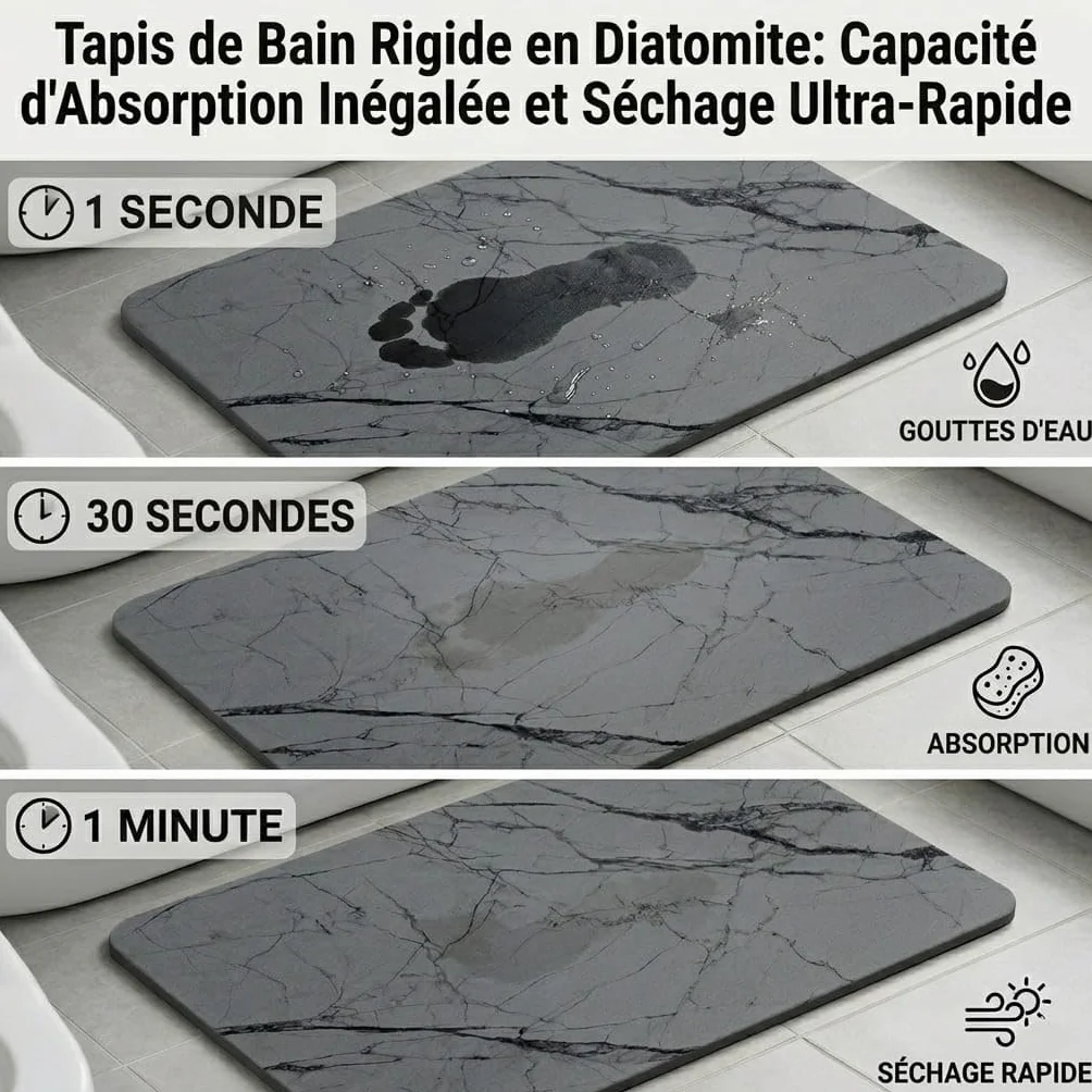 Tapis de Bain en Pierre de Diatomite 60x40 cm Super Absorbant Antidérapant Séchage Rapide