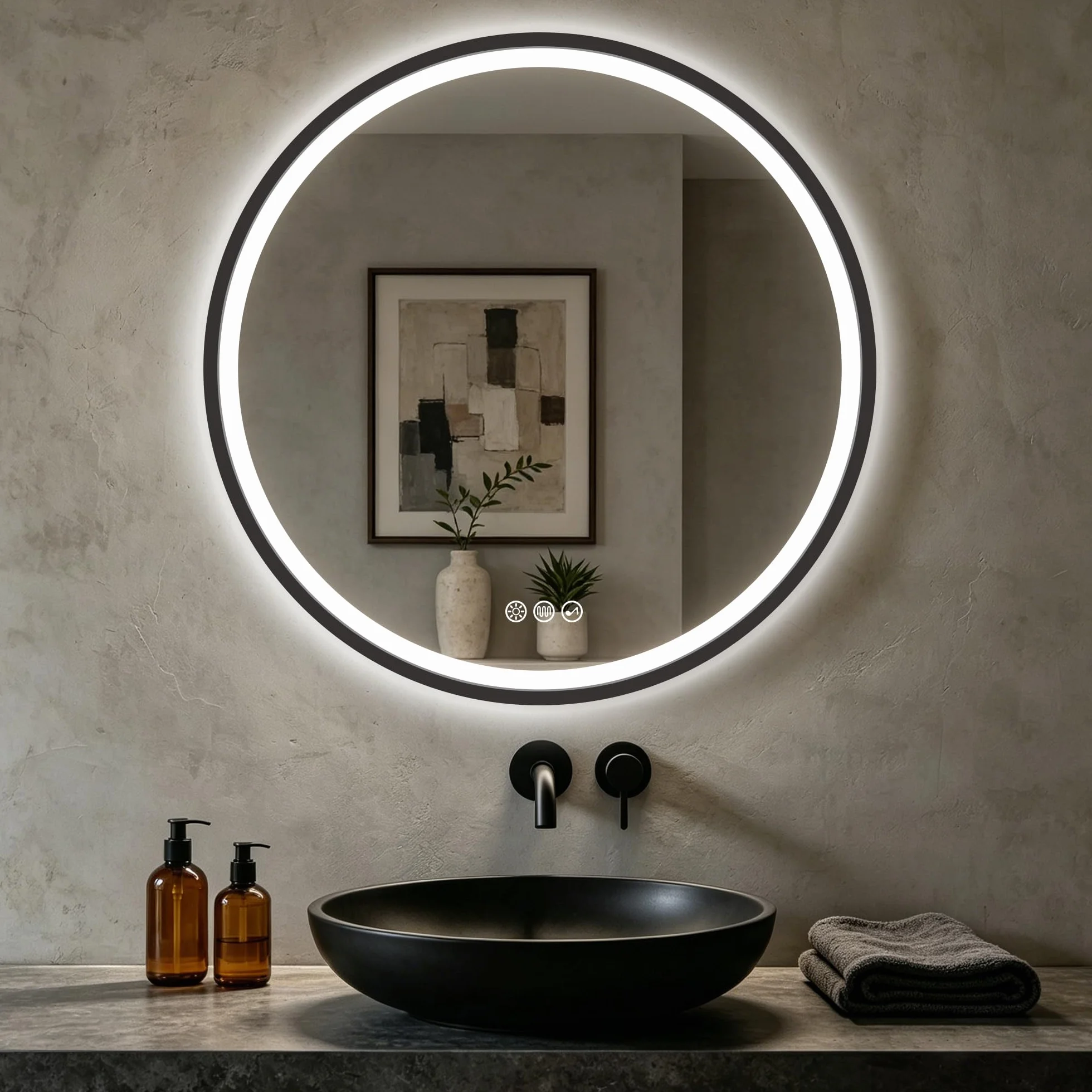 S'bagno Miroir-Rond-Salle-de-Bain-avec-éclairage 60cm, Rond-Miroir-LED-avec-Bluetooth, Antibuée, 3 Couleurs Lumières, Dimmable, Mémoire Lumière, IP44, Verre Trempé, Cadre Fer Noir