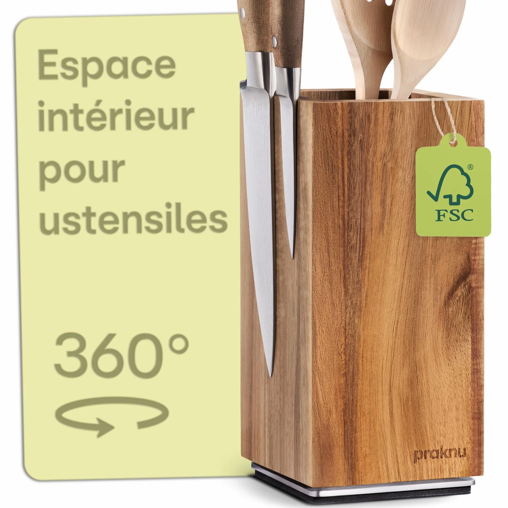 Praknu Bloc Couteaux Magnétique - 360° Rotatif Sans Couteaux FSC® Bois d'Acacia avec Espace pour Ustensiles de Cuisine - Aimant Puissant des Deux Côtés - Antidérapant