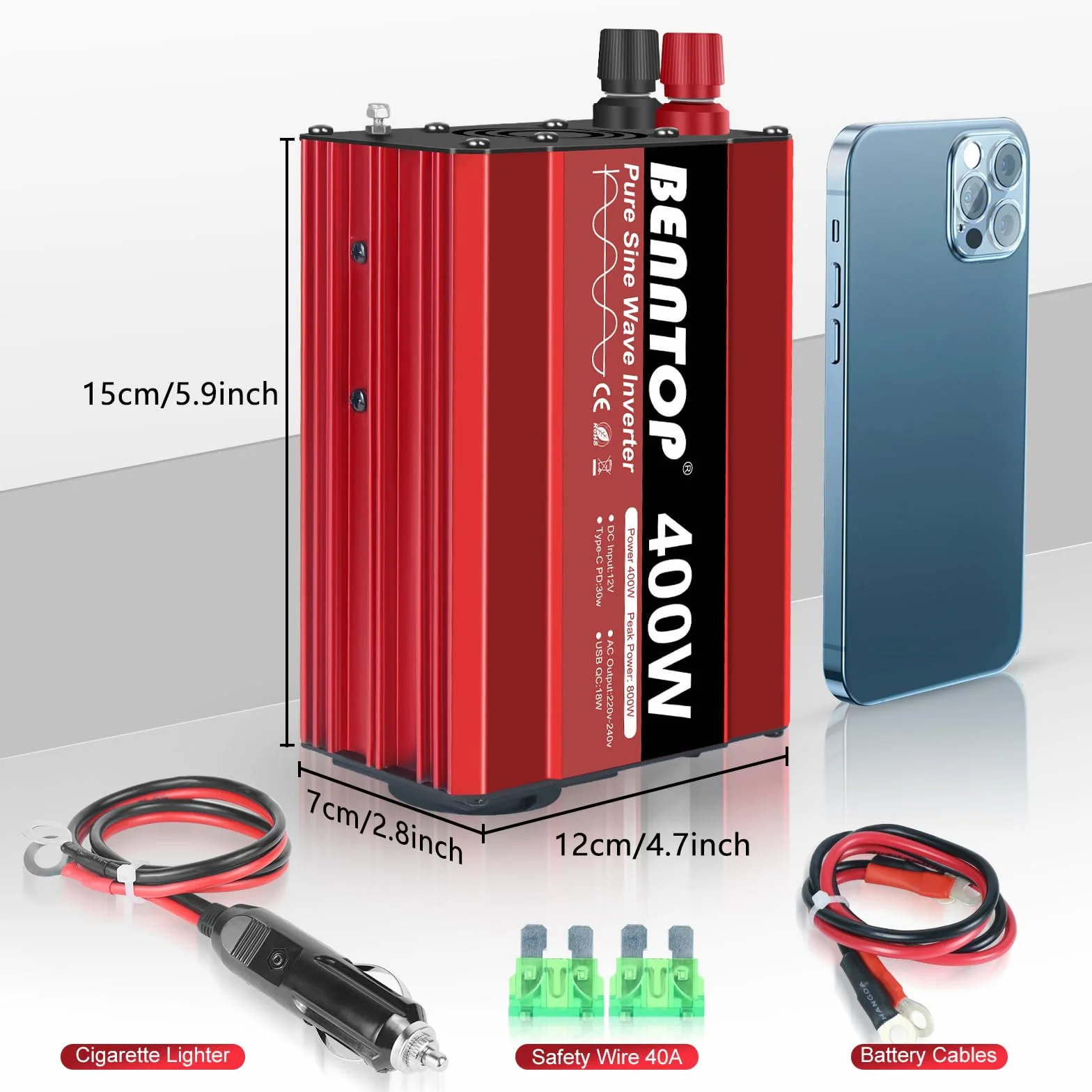 400W/800W konwerter 12 V 230 V Pure Sinus samochodowy falownik napięcia Transformator z 4 portami USB typu - A/C, 1 gniazdo UE Ładowanie laptopa, iPada, iPhone'a i nie tylko
