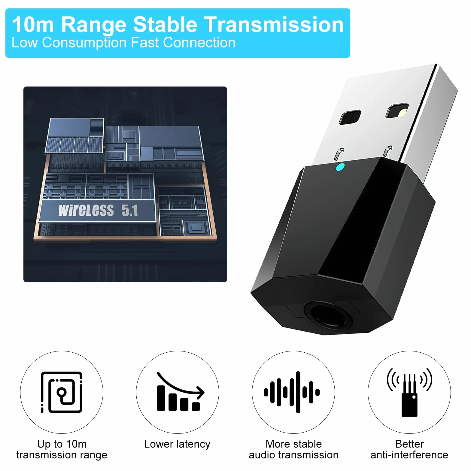 Odbiornik USB Bluetooth 5.1 z adapterem USB Bluetooth, wbudowany mikrofon do telewizora, komputera, zestawu słuchawkowego/głośników samochodowych, systemu stereo, muzyki i połączeń