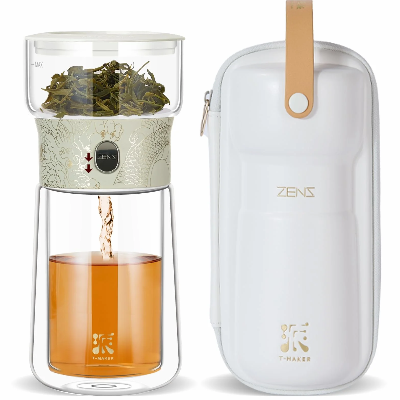 ZENS theiere avec infuseur, magique à une seule touche théière en verre pour Thé en Feuilles vrac sans dégâts, Cool Machine à Thé avec Tasse isotherme et sac de portable, à offrir en cadeau