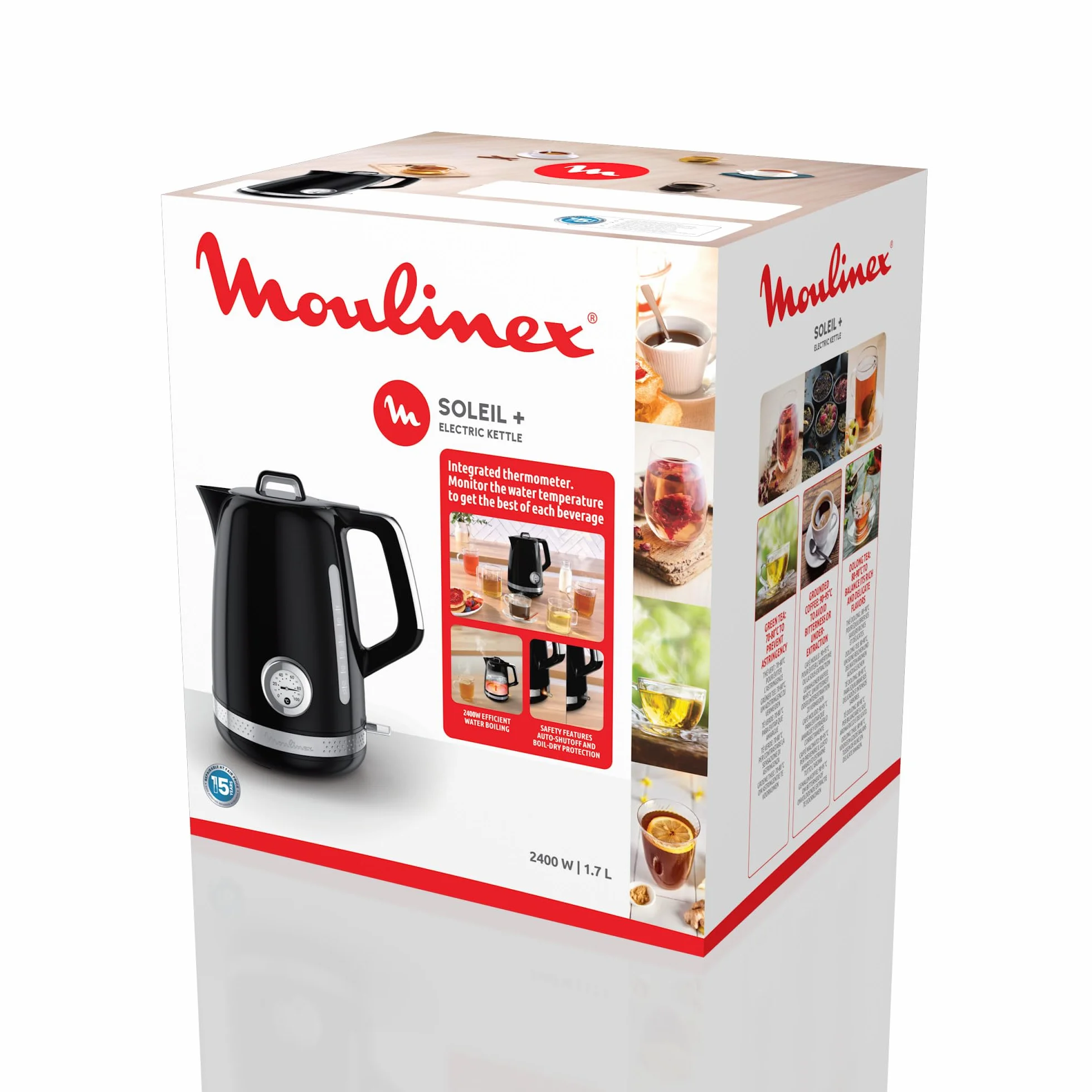 Moulinex Soleil, Bouilloire électrique 1,7L, Contrôle de la température, 2400W, Deux fenêtres de niveau d'eau, Noir, BY3558E0