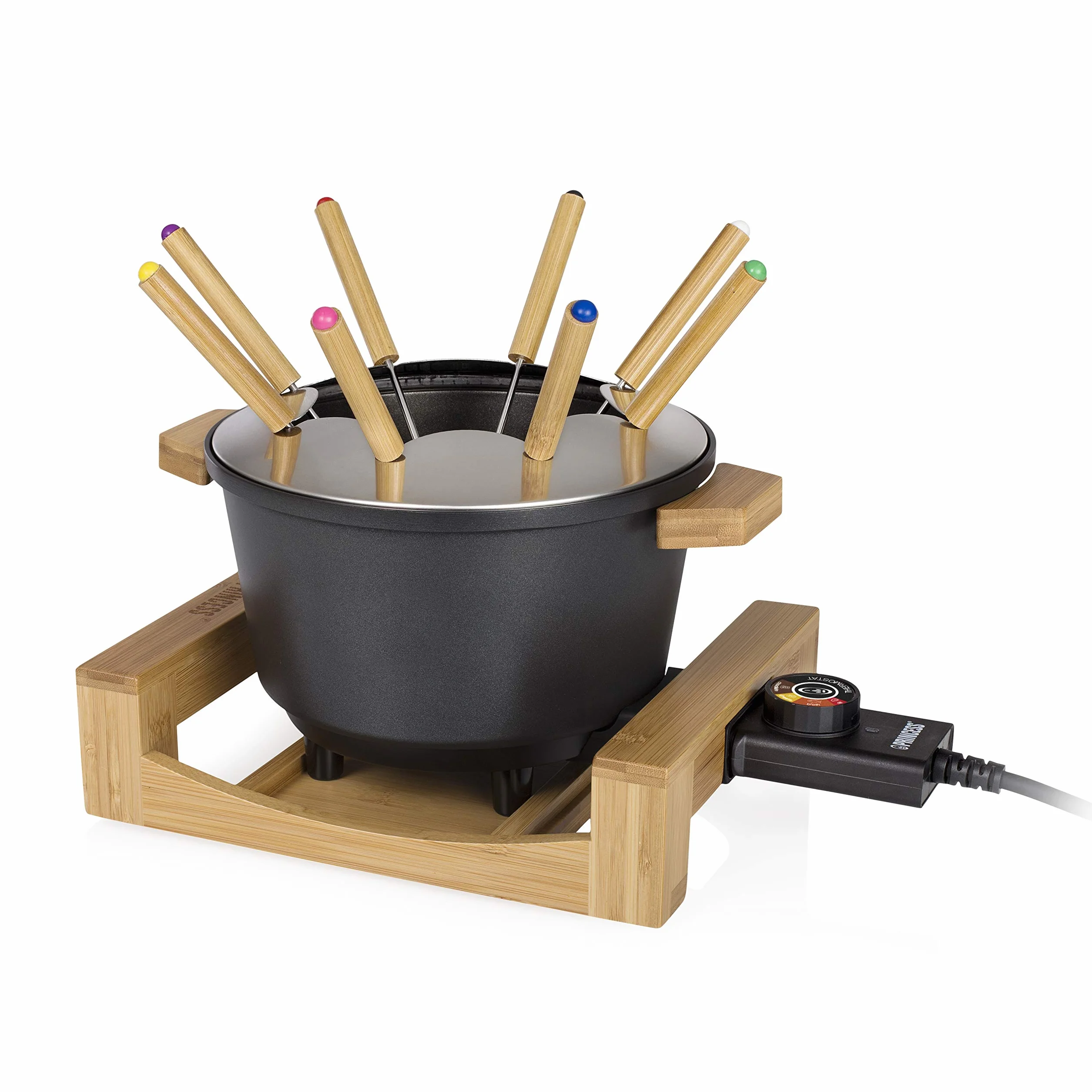 Princess Service à fondue 1,5 L pour 8 personnes – Design en bambou, caquelon antiadhésif, thermostat réglable, 8 fourchettes incluses, polyvalent, facile à nettoyer