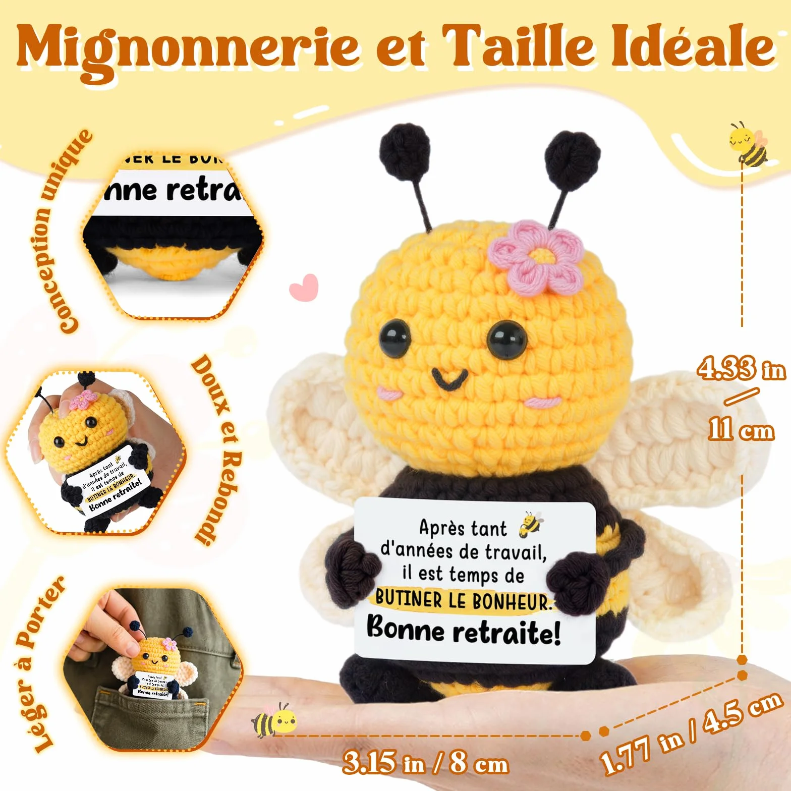 Gleevara Cadeau Retraite Femme Homme, Abeille Mignonne au Crochet Faite Main - Décoration Bureau Maison