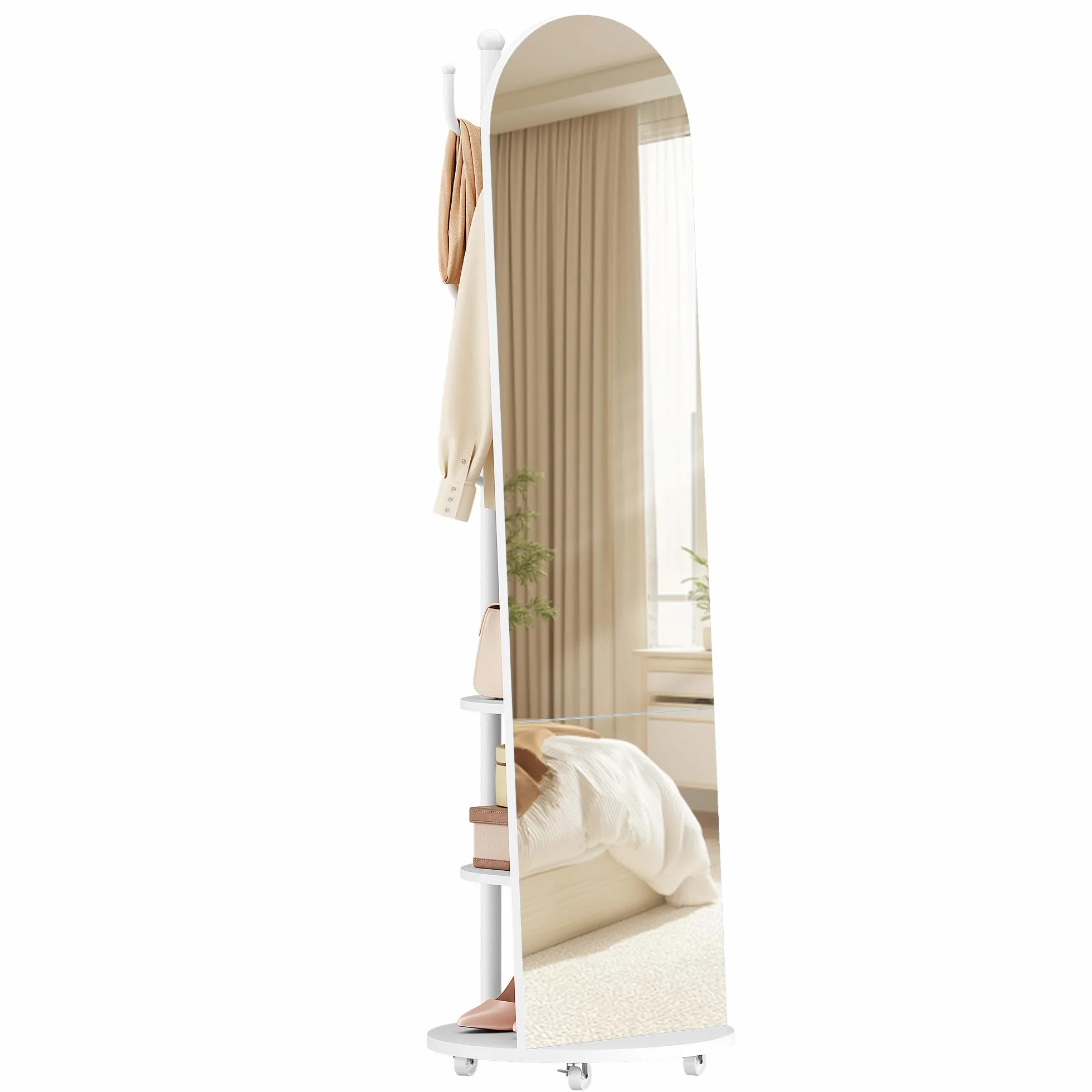 Miroir sur Pied 163 x 45 cm avec Roues Pivotantes et Porte-Manteau, Verre Trempé Blanc