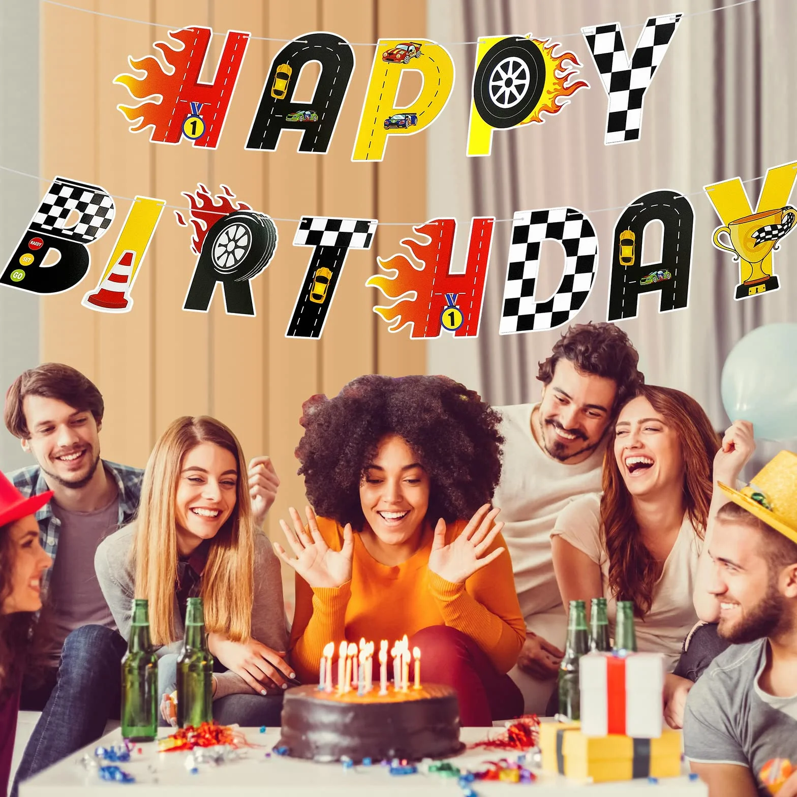 Bannière d'anniversaire Hot Wheels Racing Happy Birthday, décoration réutilisable intérieur extérieur, lettres fête enfants garçons filles