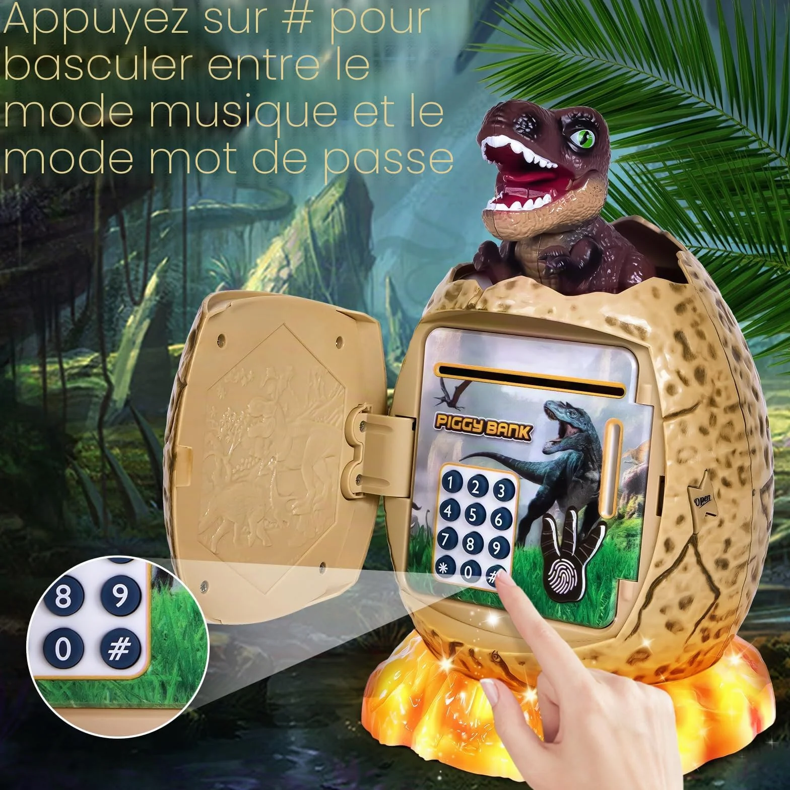 Yellcetoy Tirelire Électronique Enfant Œuf Dinosaure Coffre Fort Code Sécurité Musique Lumière Cadeau