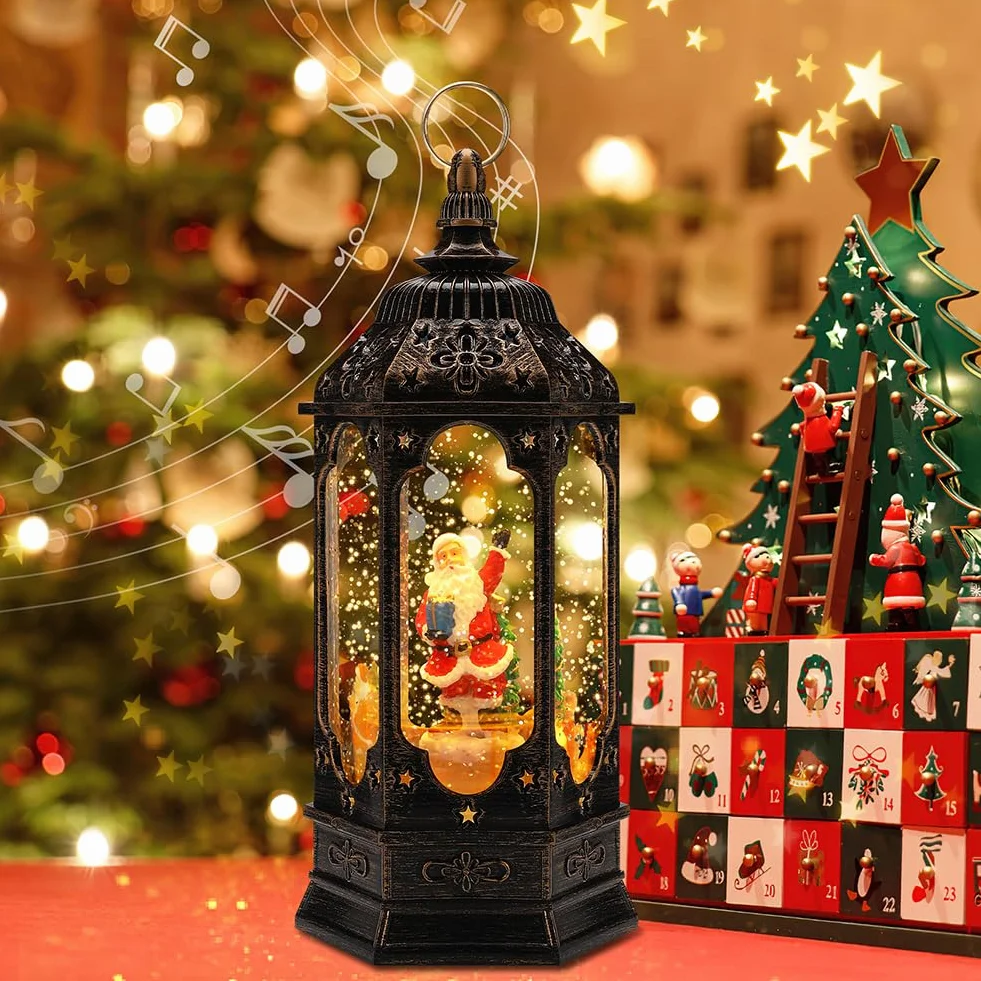 Lanterne Noel,Lanterne Boule à Neige Musicale LED de Noël,Lampe de Noel Lumineux Bonhomme et Flocon de Neige avec Christmas Songs, pour Décoration Noel Intérieure, Prise USB ou Alimenté par Pile