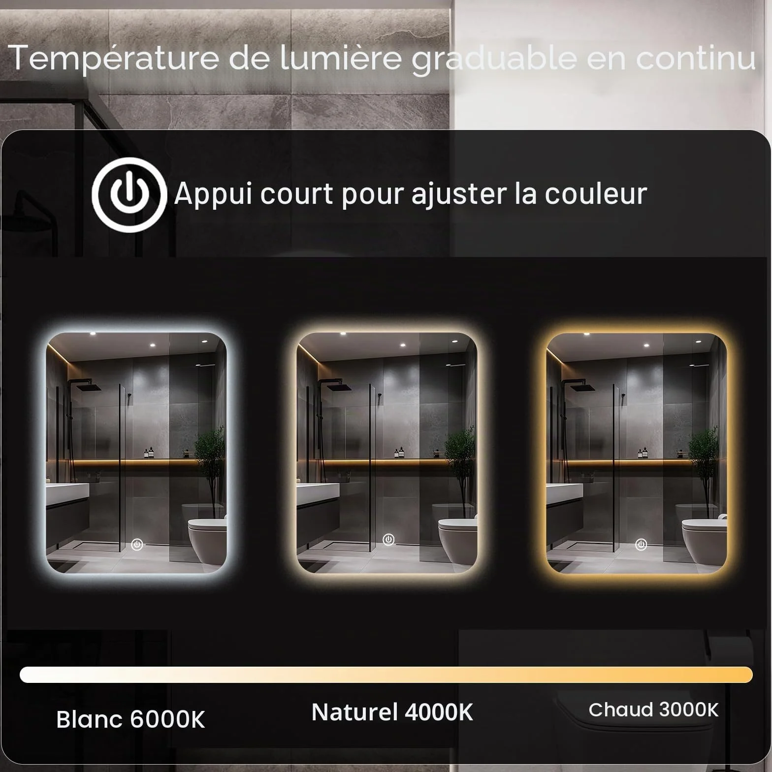 Miroir Mural de Salle de Bain, avec éclairage, 60 x 45 cm, avec lumière LED, Interrupteur Tactile et 3 Couleurs à intensité Variable (rectangulaire)
