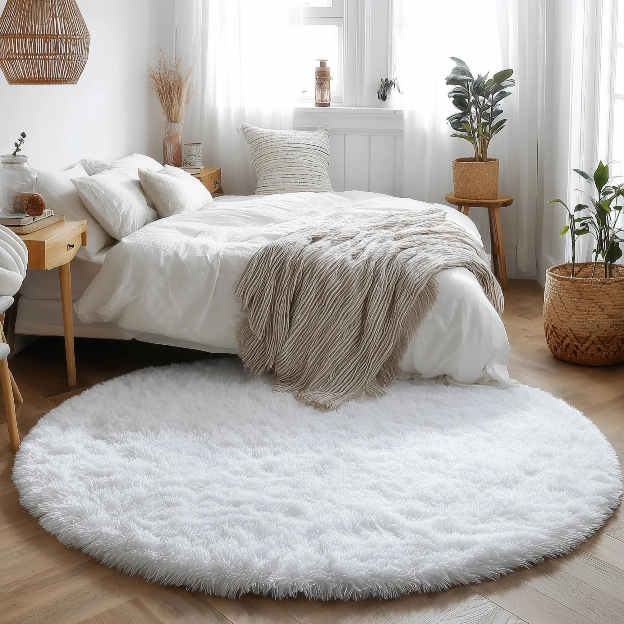 Tapis Rond Moelleux Blanc Chambre à Coucher Peluche Mignon