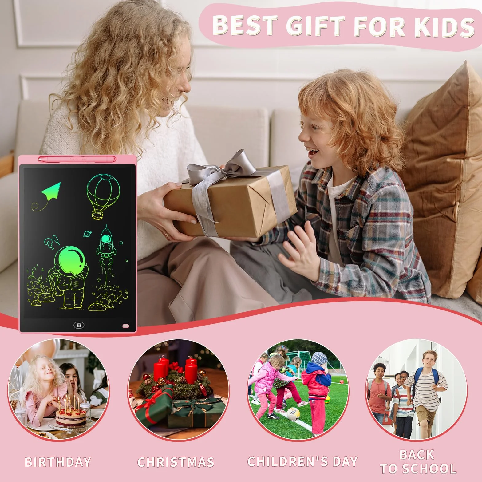 Genialba Tablette D'écriture LCD Colorée 8,5 Pouces, Planche À Dessin Effaçable Portable, Cadeau Enfants 3-7 Ans Rose&Bleu
